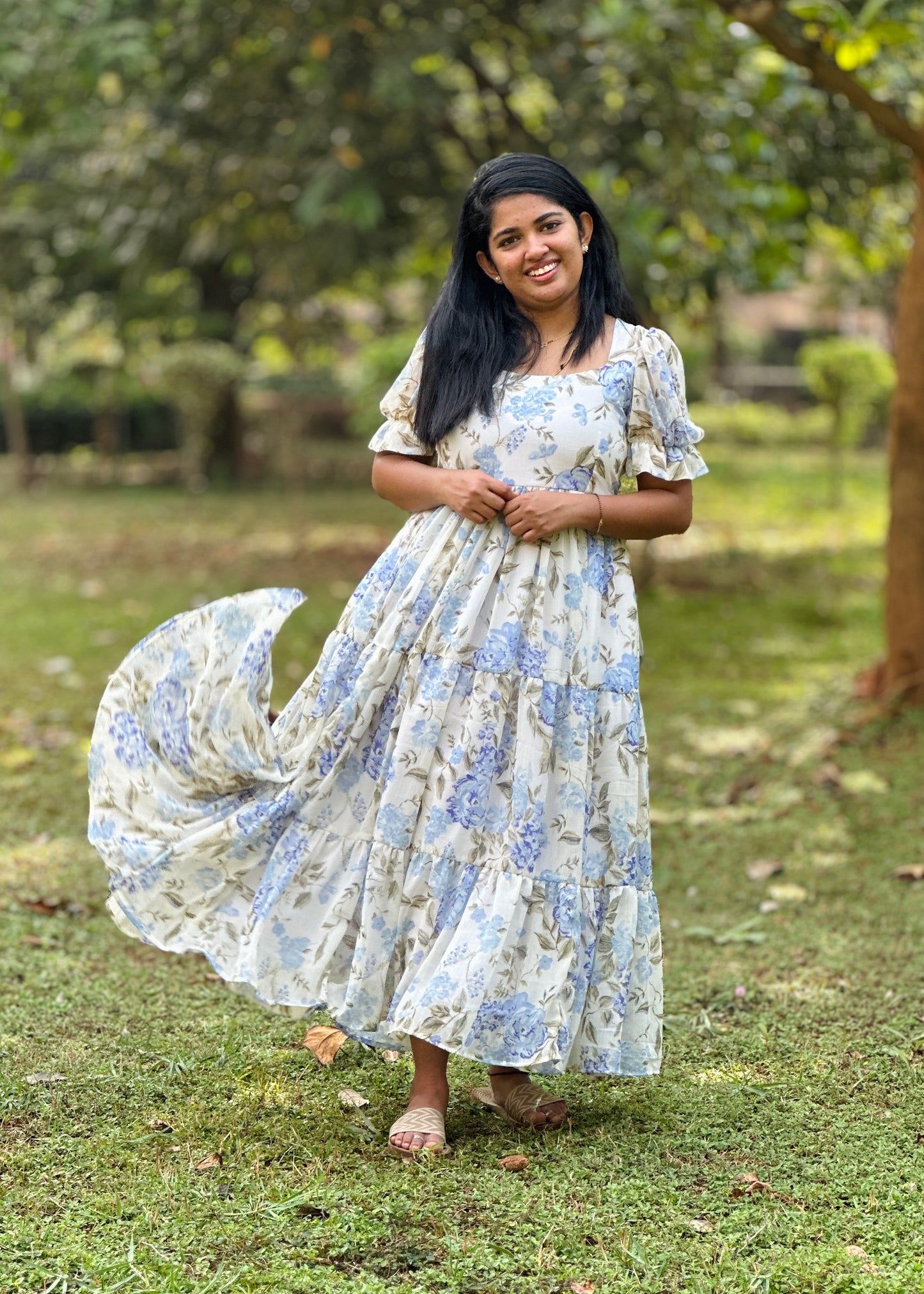Iriselle White and Blue Floral 3 Tiered Dress