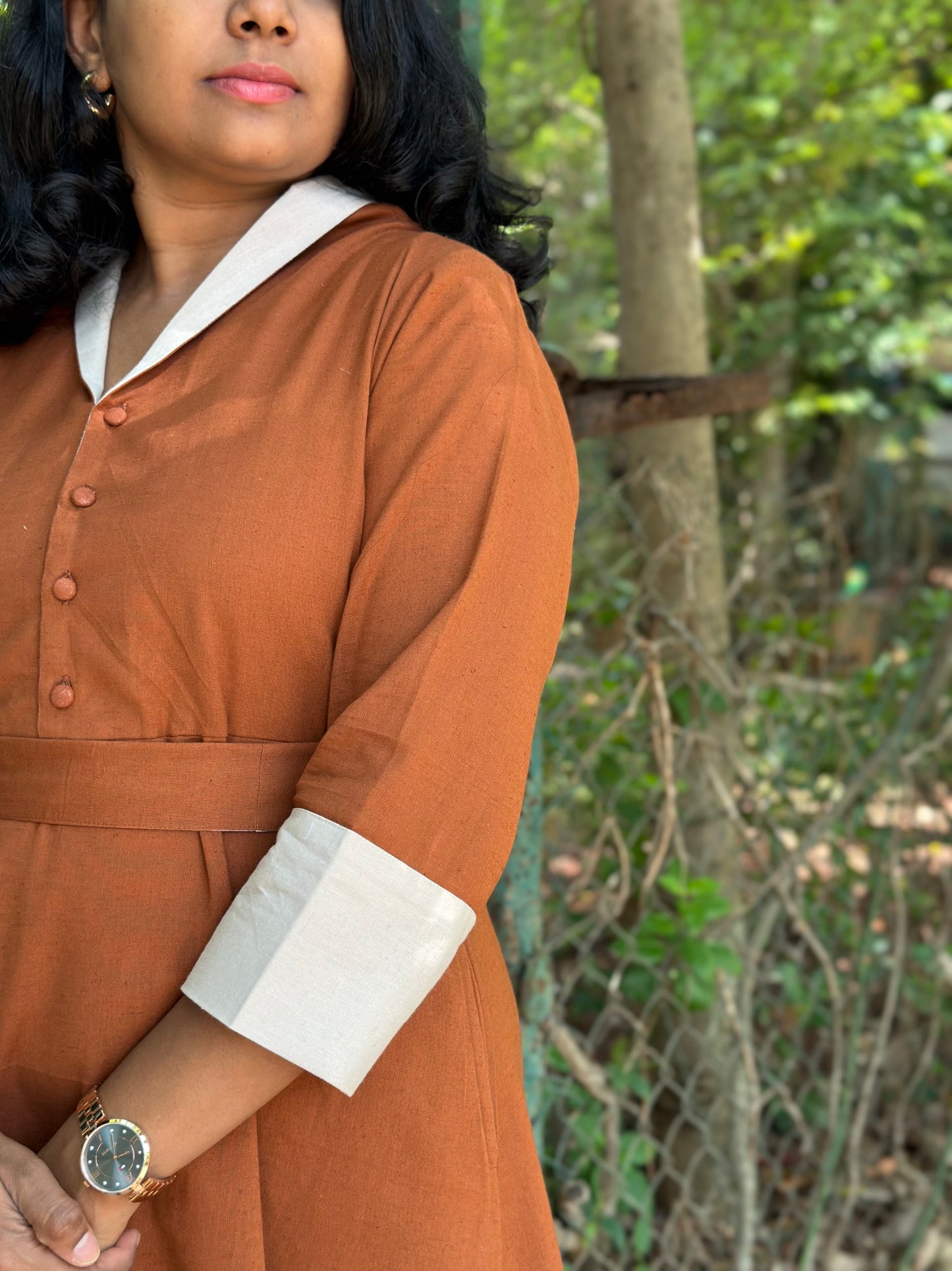 Cotton Linen Midi Dress with Collar, Pockets- Rust Colour – Office Wear – Ready to Ship