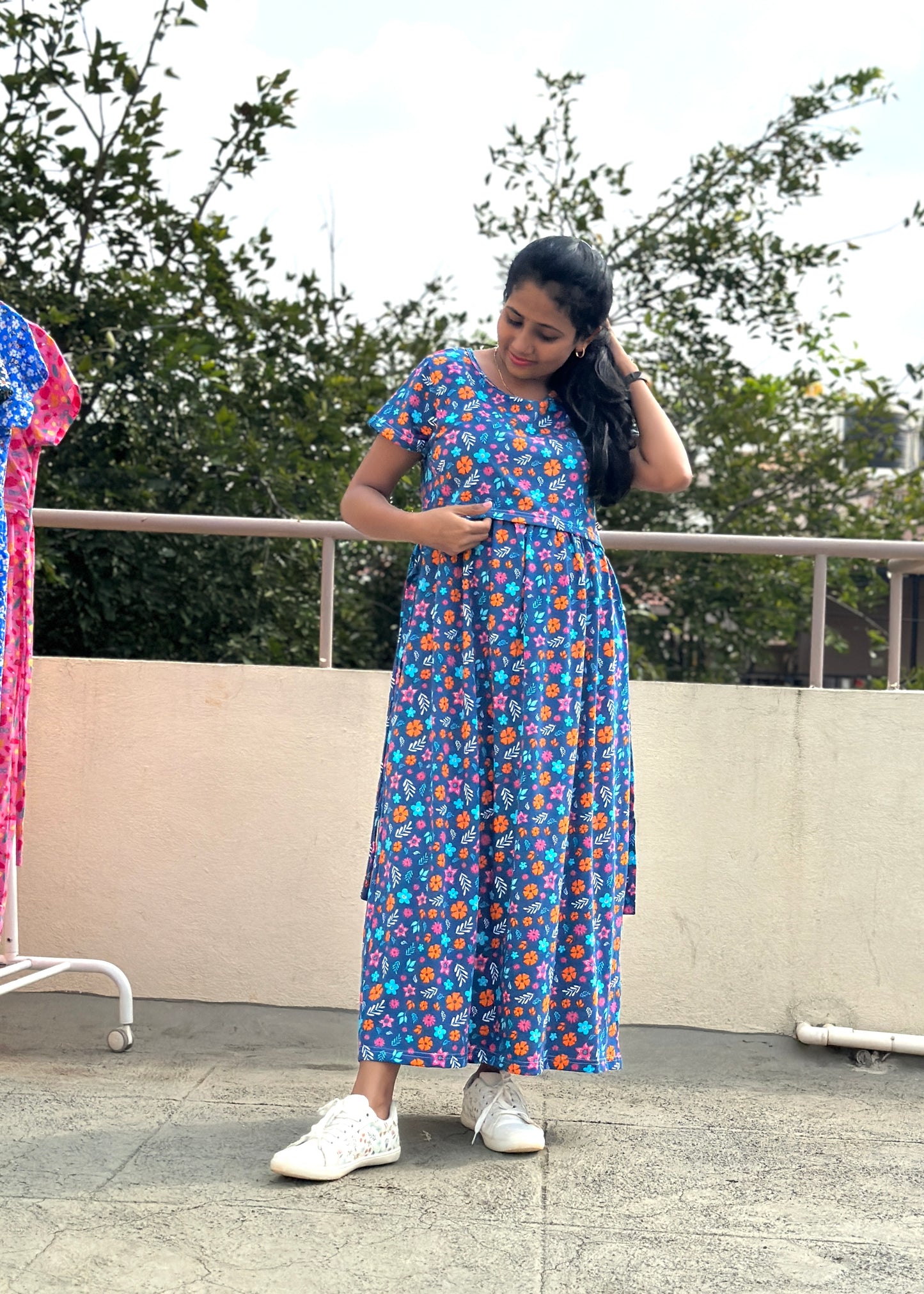 Navy Blue Printed Maternity & Feeding Loungewear- XL Available