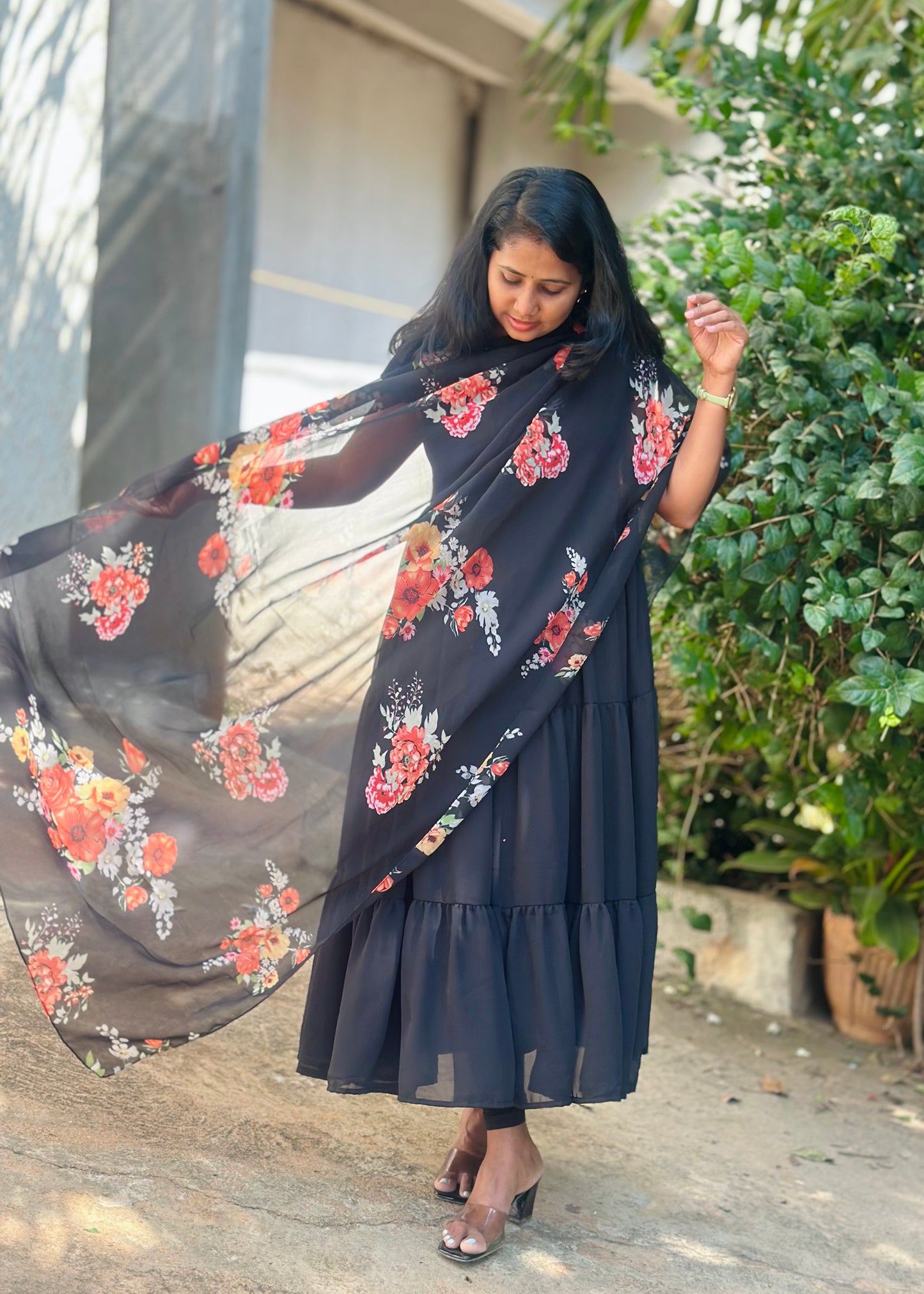 Black Tiered Anarkali with printed dupatta