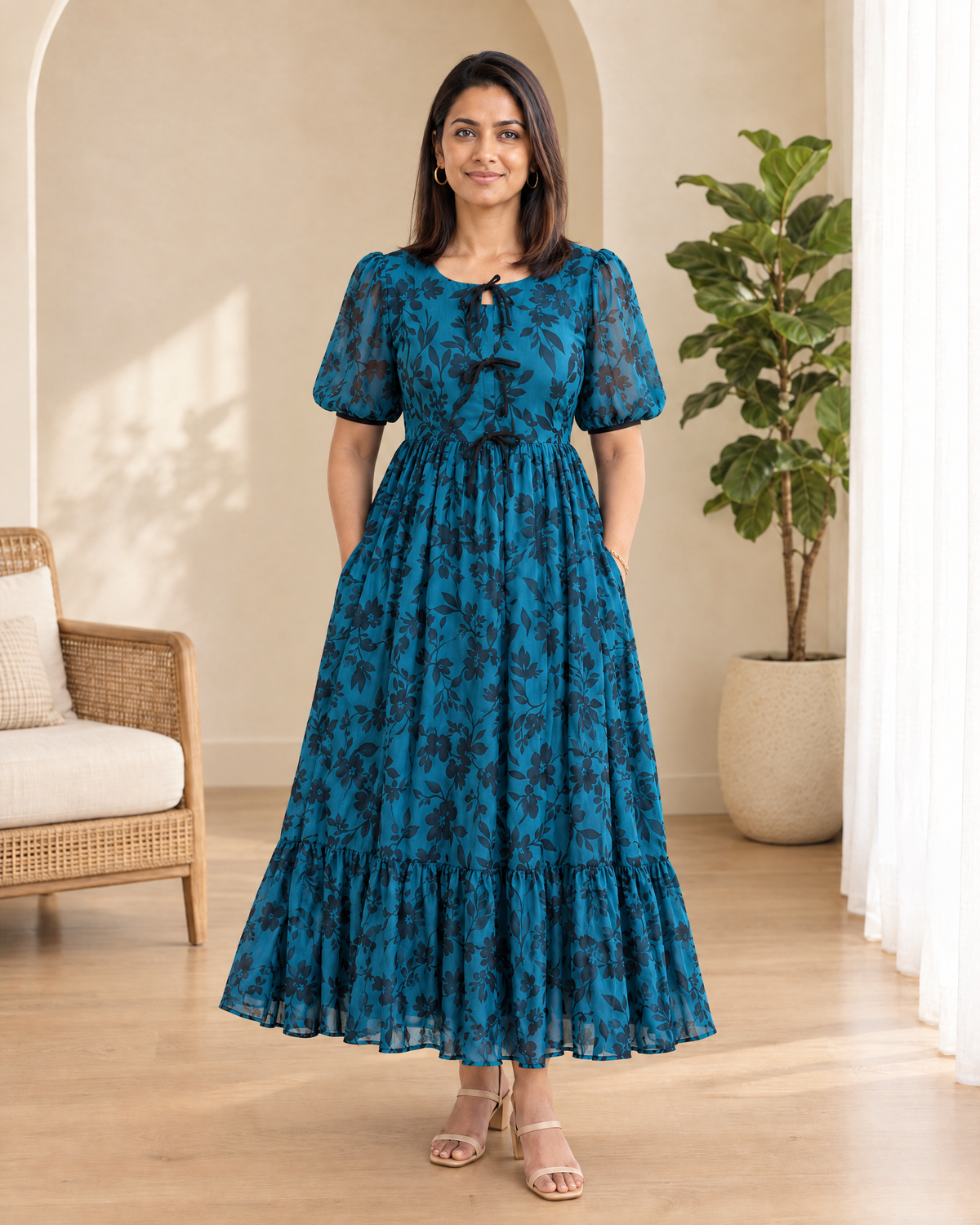 Teal Reverie Chiffon Midi Dress