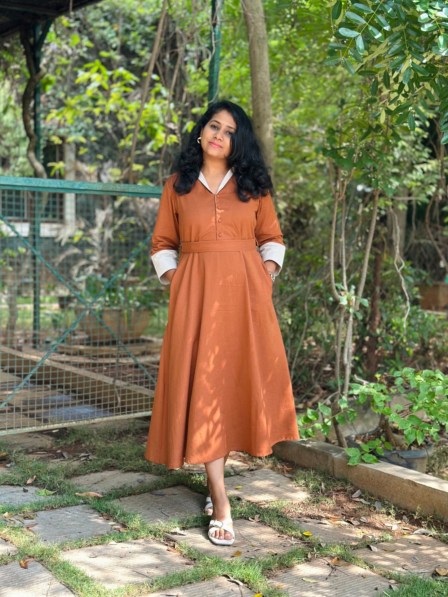 Cotton Linen Midi Dress with Collar, Pockets- Rust Colour – Office Wear – Ready to Ship