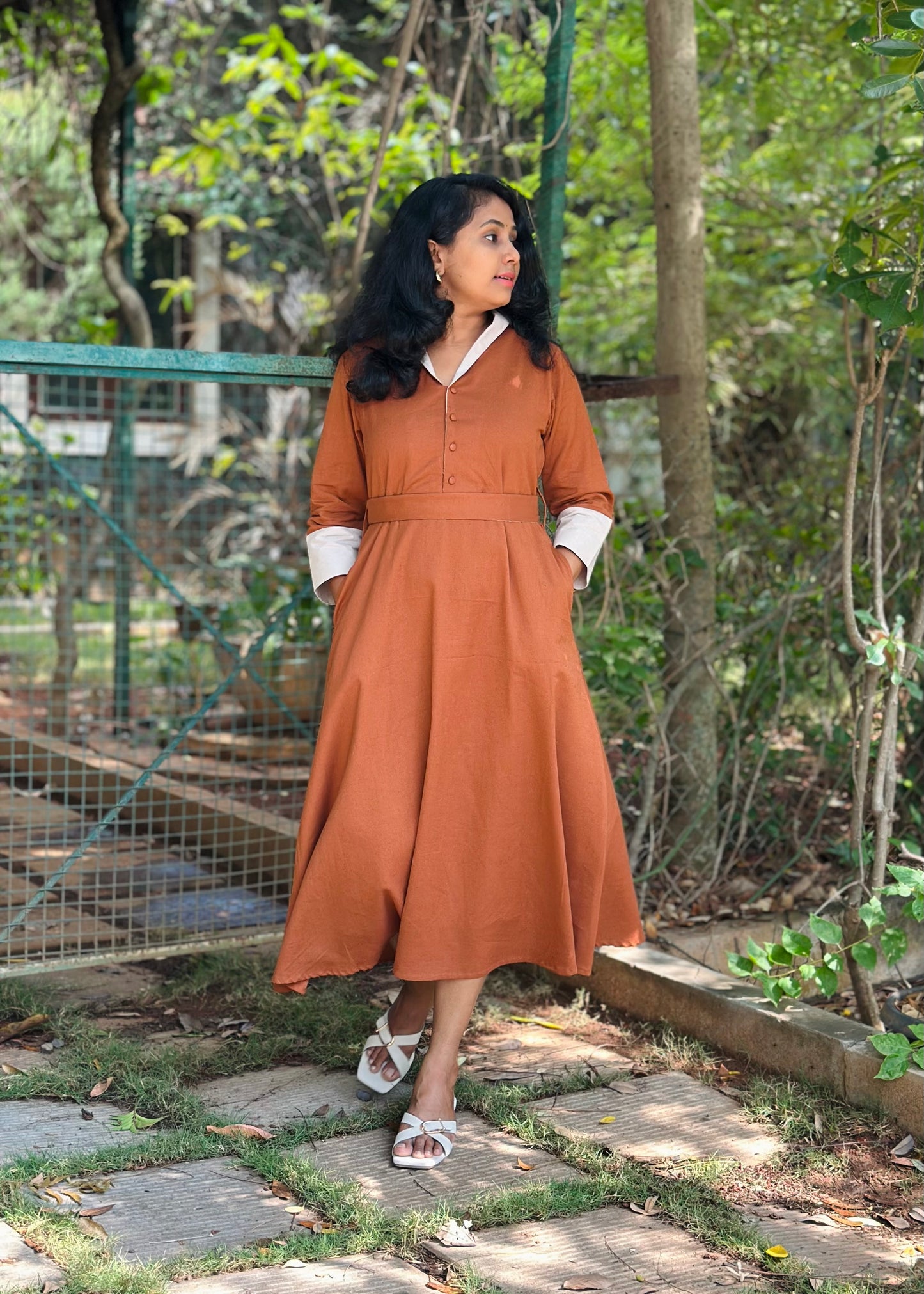 Cotton Linen Midi Dress with Collar, Pockets- Rust Colour – Office Wear – Ready to Ship