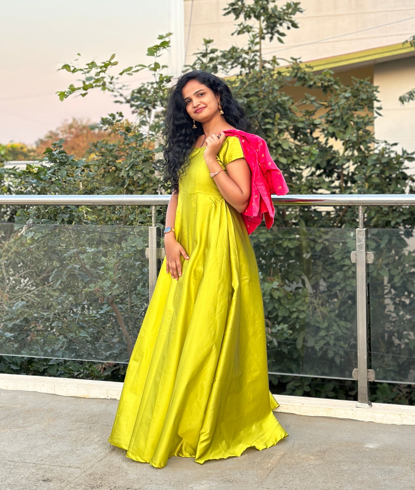 Lime Green Umbrella Long Gown with Pink Jacket