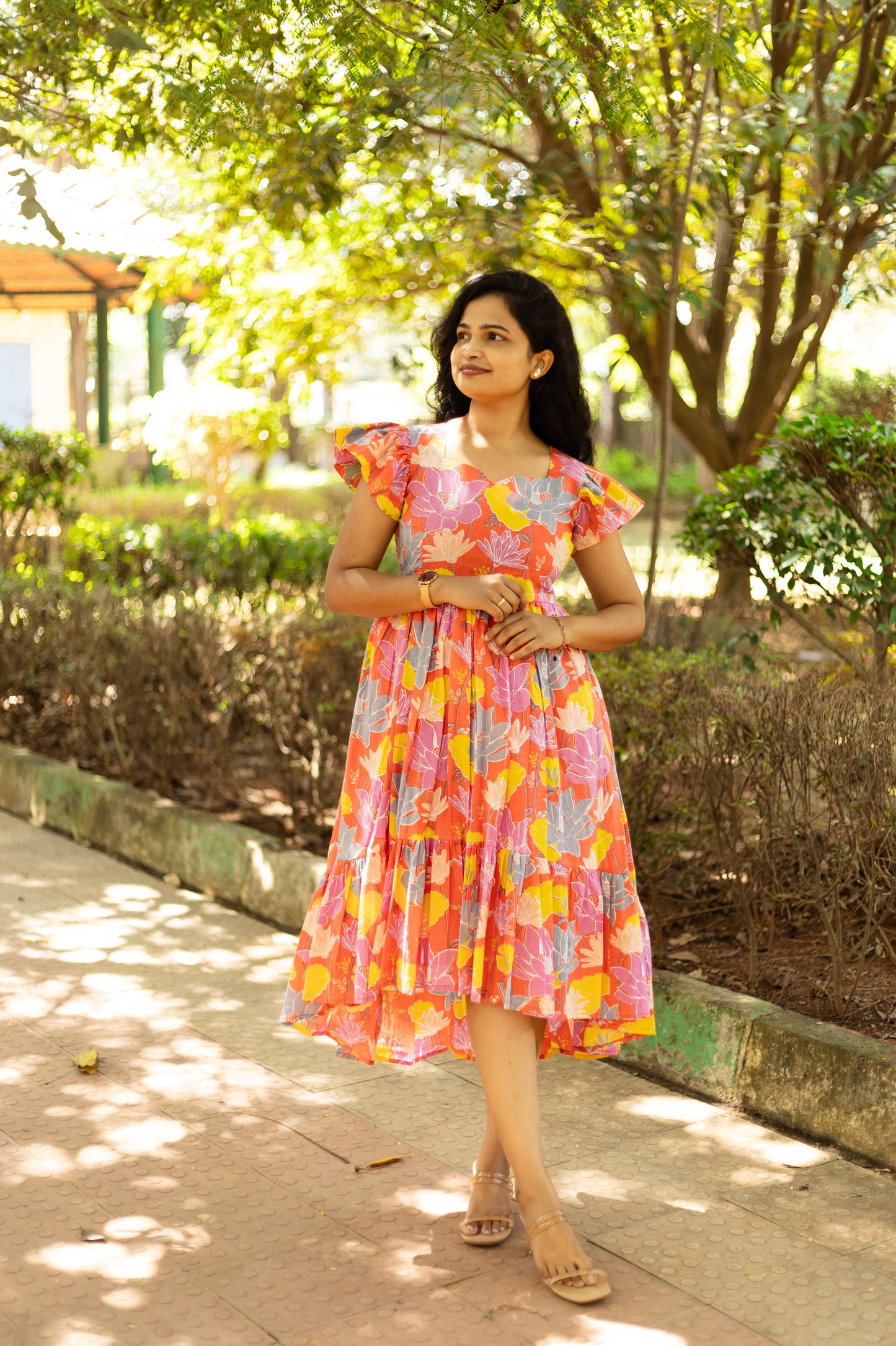 Tangerine Blossom High Low Cotton Dress