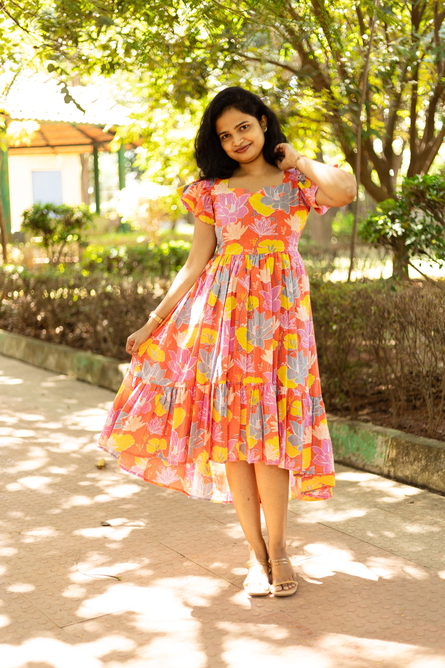 Tangerine Blossom High Low Cotton Dress