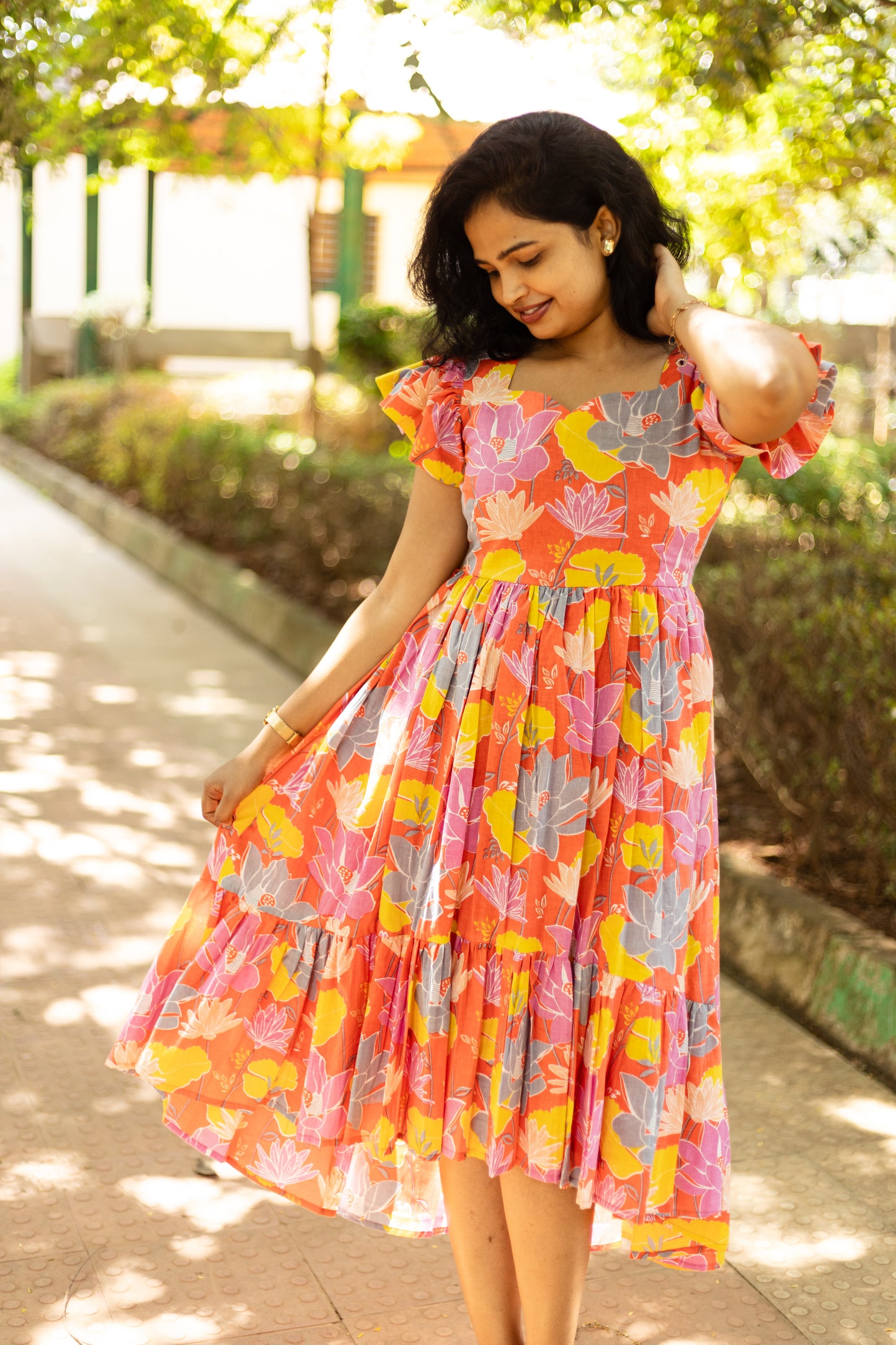Tangerine Blossom High Low Cotton Dress