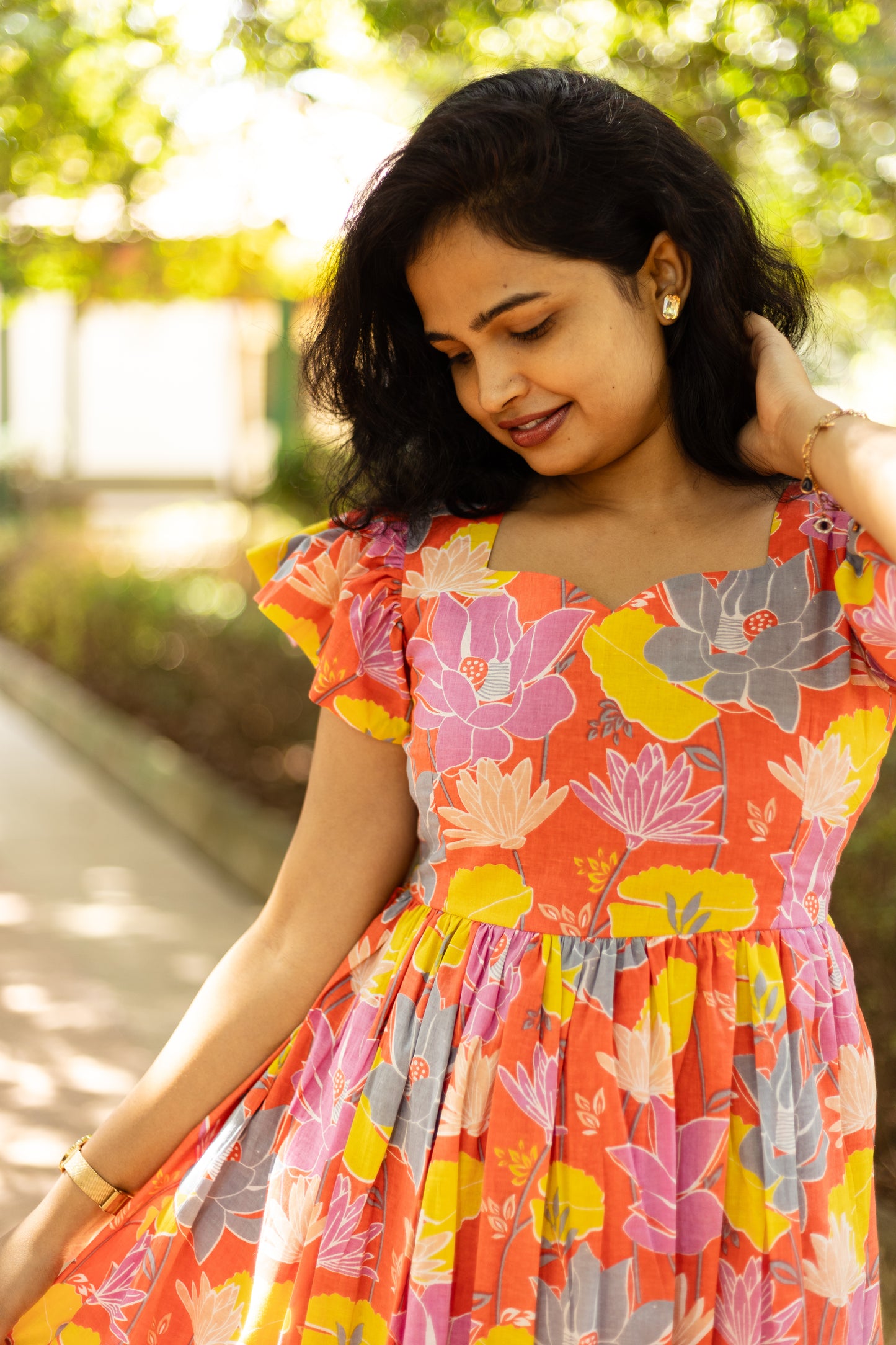 Tangerine Blossom High Low Cotton Dress
