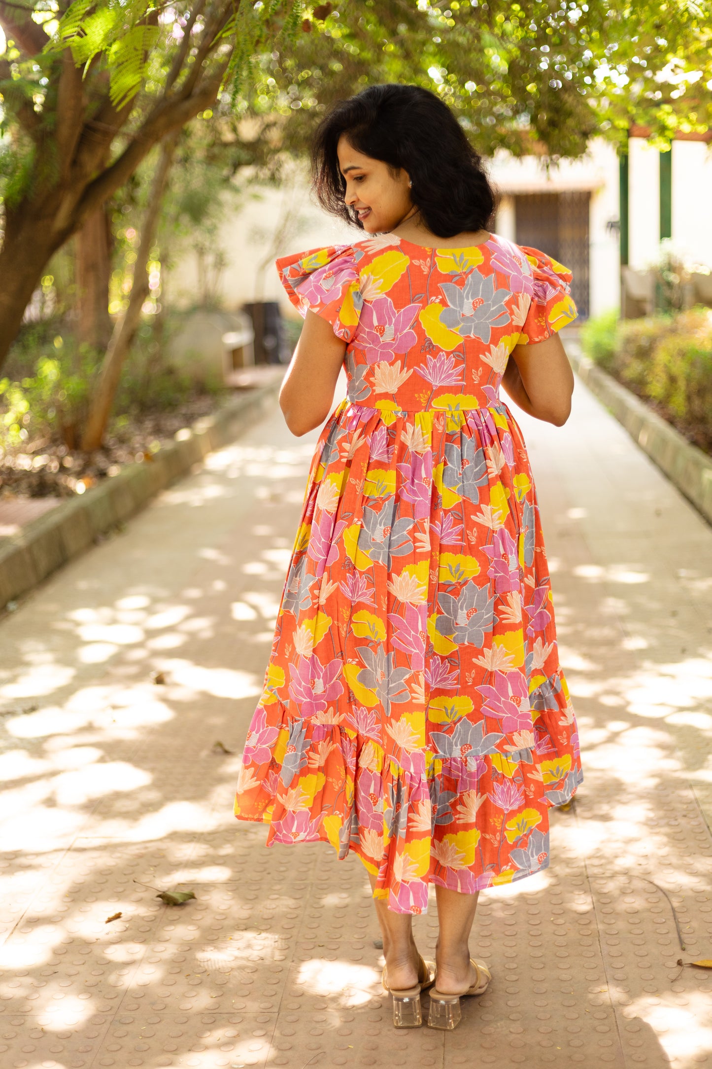 Tangerine Blossom High Low Cotton Dress