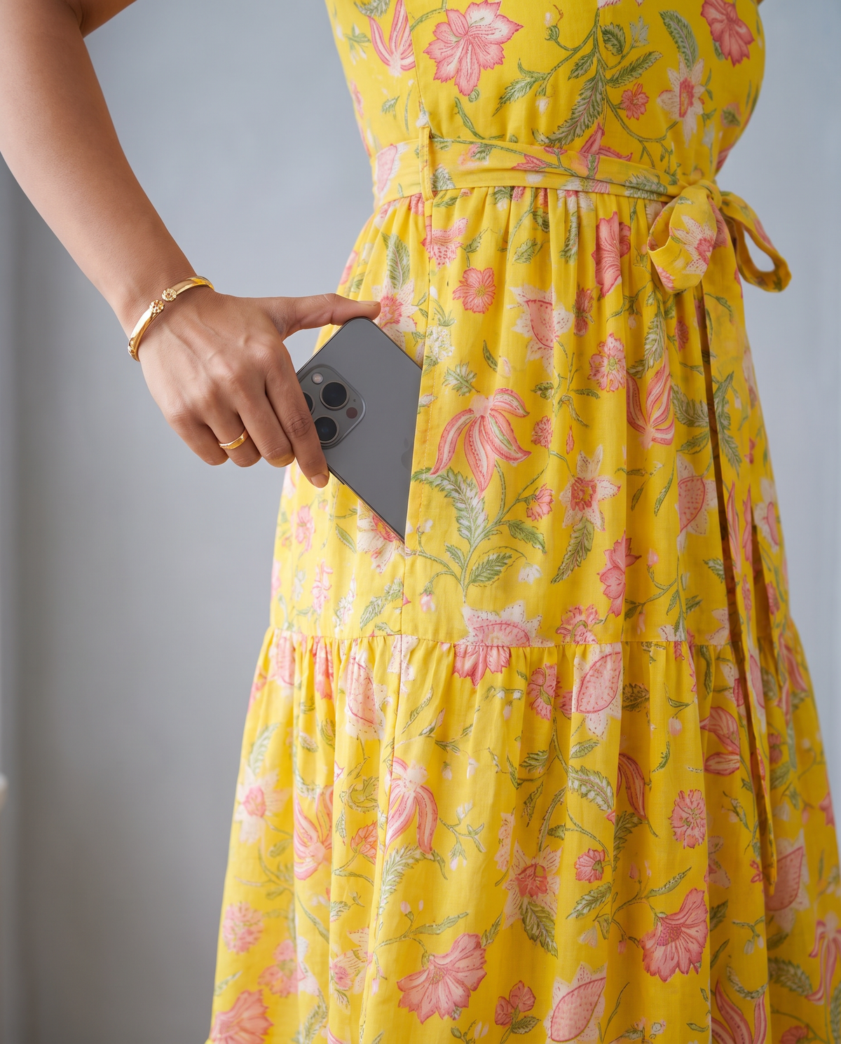Sunlit Bloom Floral Ruffle Shoulder Chiffon Dress