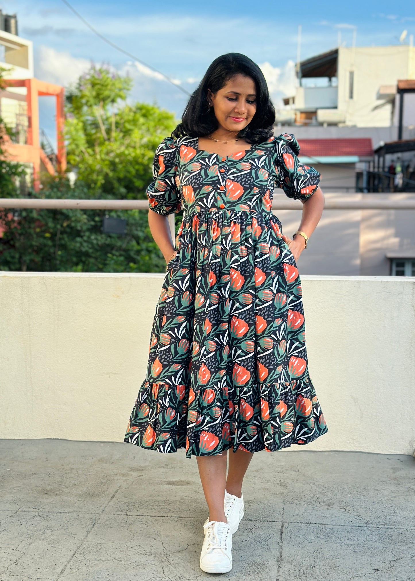 Hrida Black Floral Cotton Midi Dress