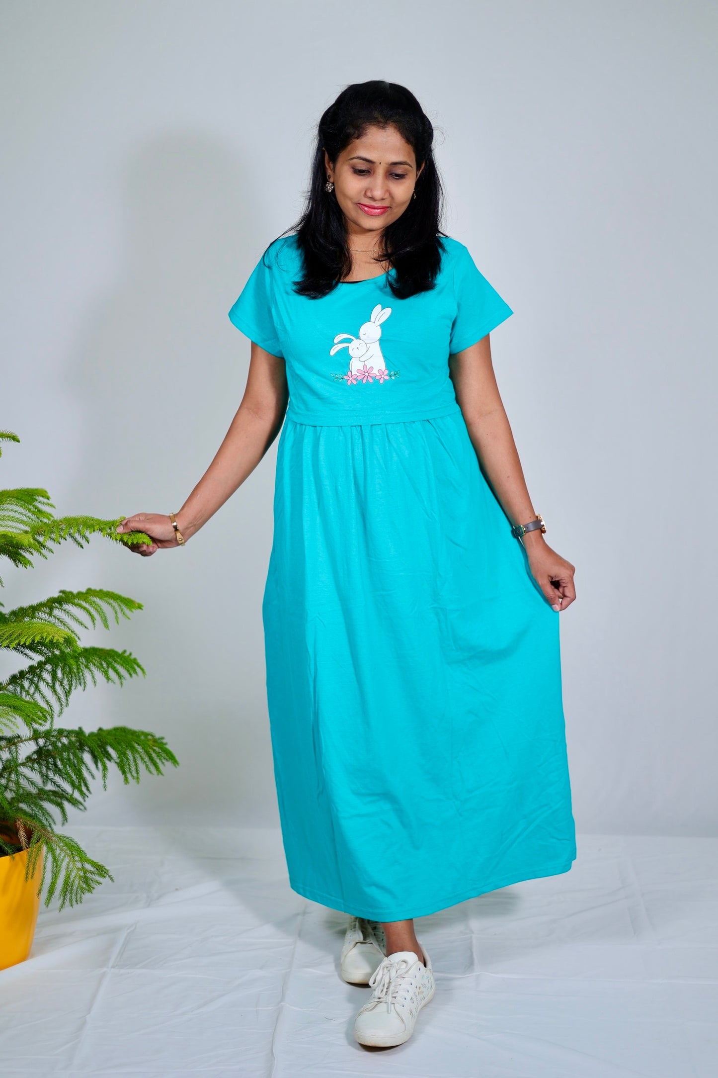 Sea Green Bunny Print Solid Maternity & Feeding Loungewear
