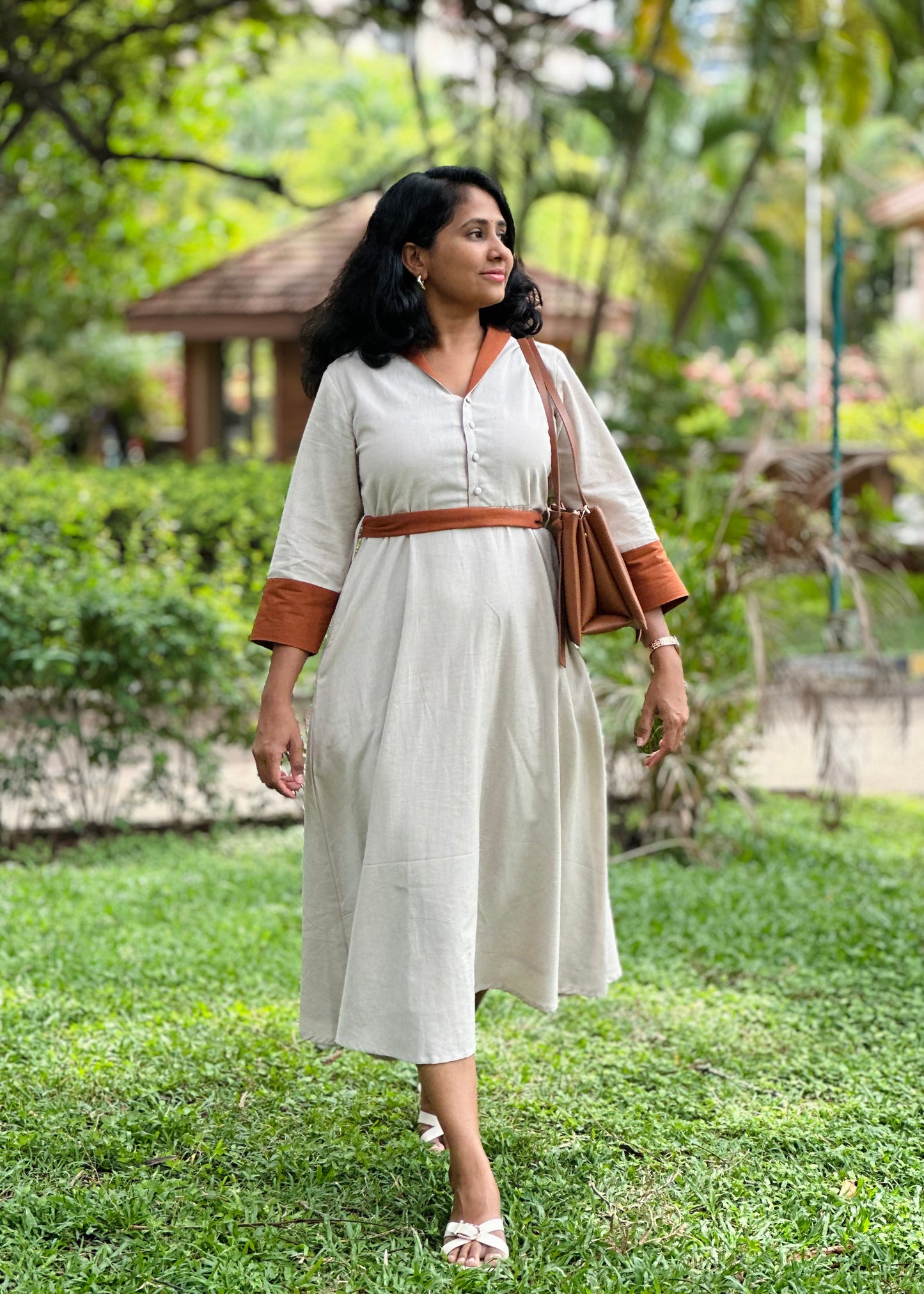 Cotton Linen Midi Dress with Collar, Pockets-Ivory Colour β Office Wear β Ready to Ship