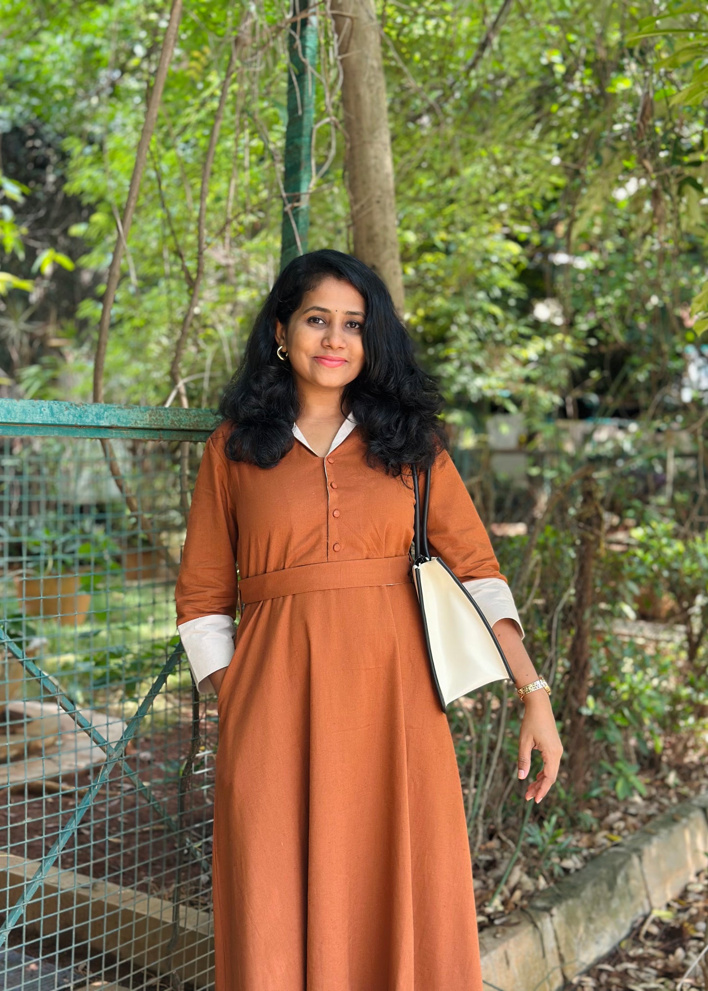 Cotton Linen Midi Dress with Collar, Pockets- Rust Colour – Office Wear – Ready to Ship