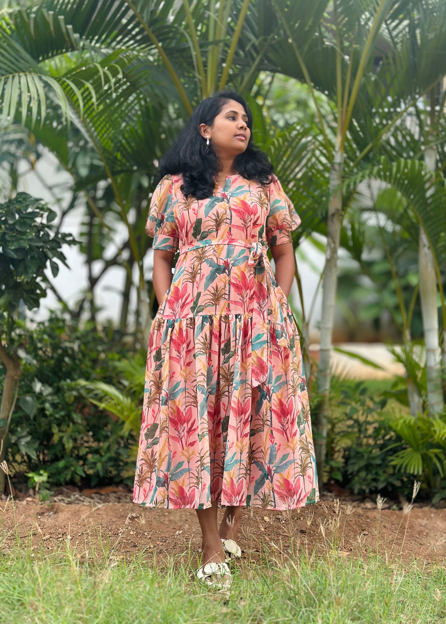 Peach Palm A- line dress
