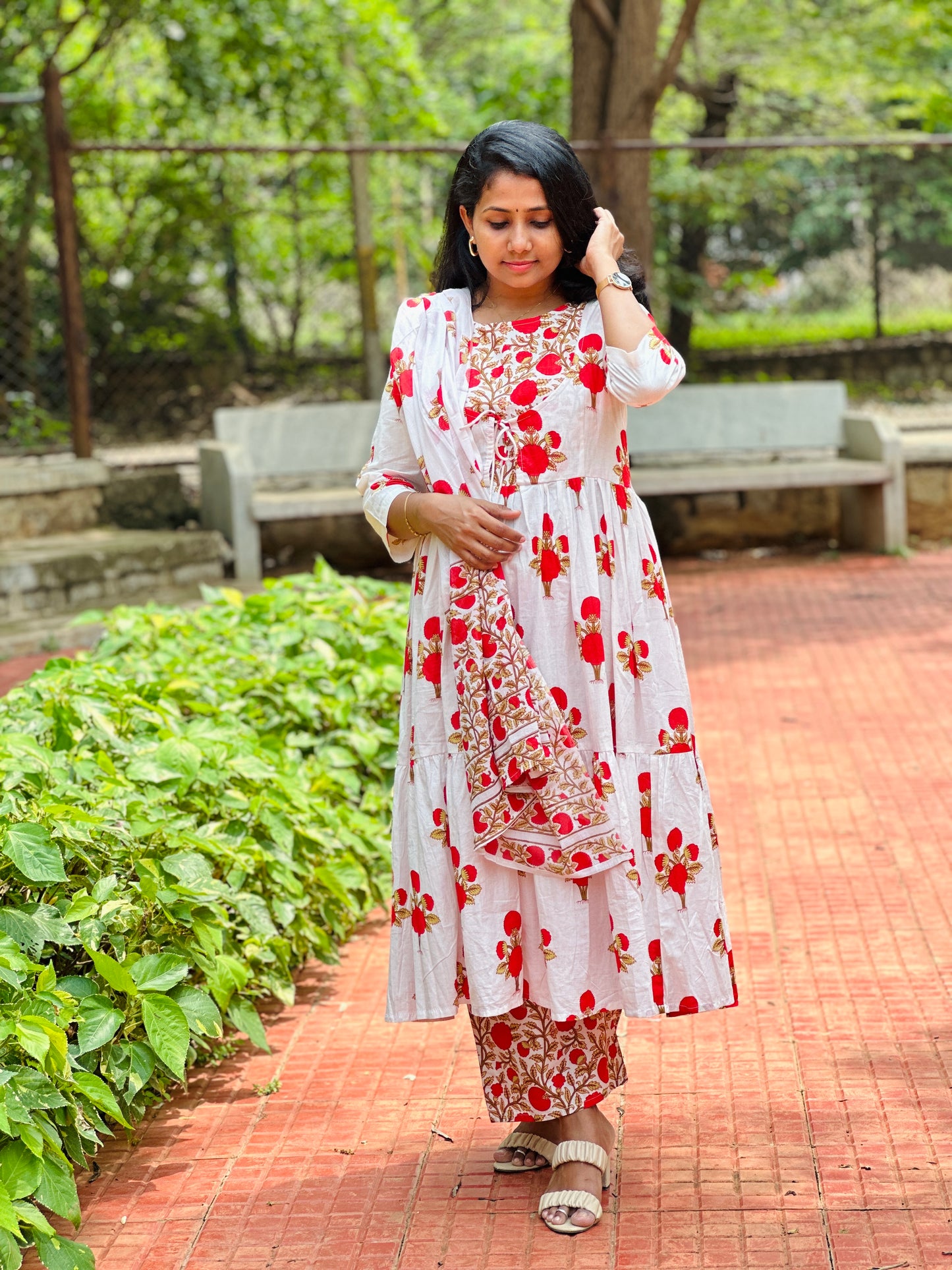 Hetvi Red Floral Cotton 3 Piece Suit Set