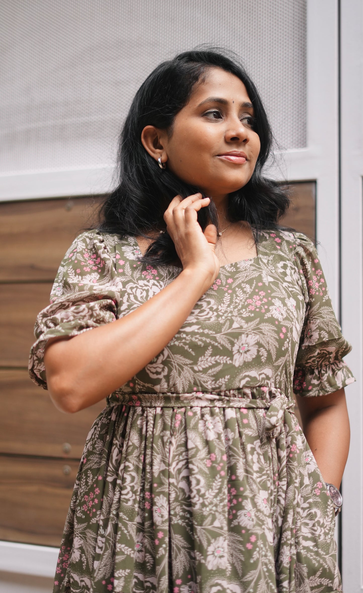 Olive Georgette Midi Dress- Immediate Dispatch
