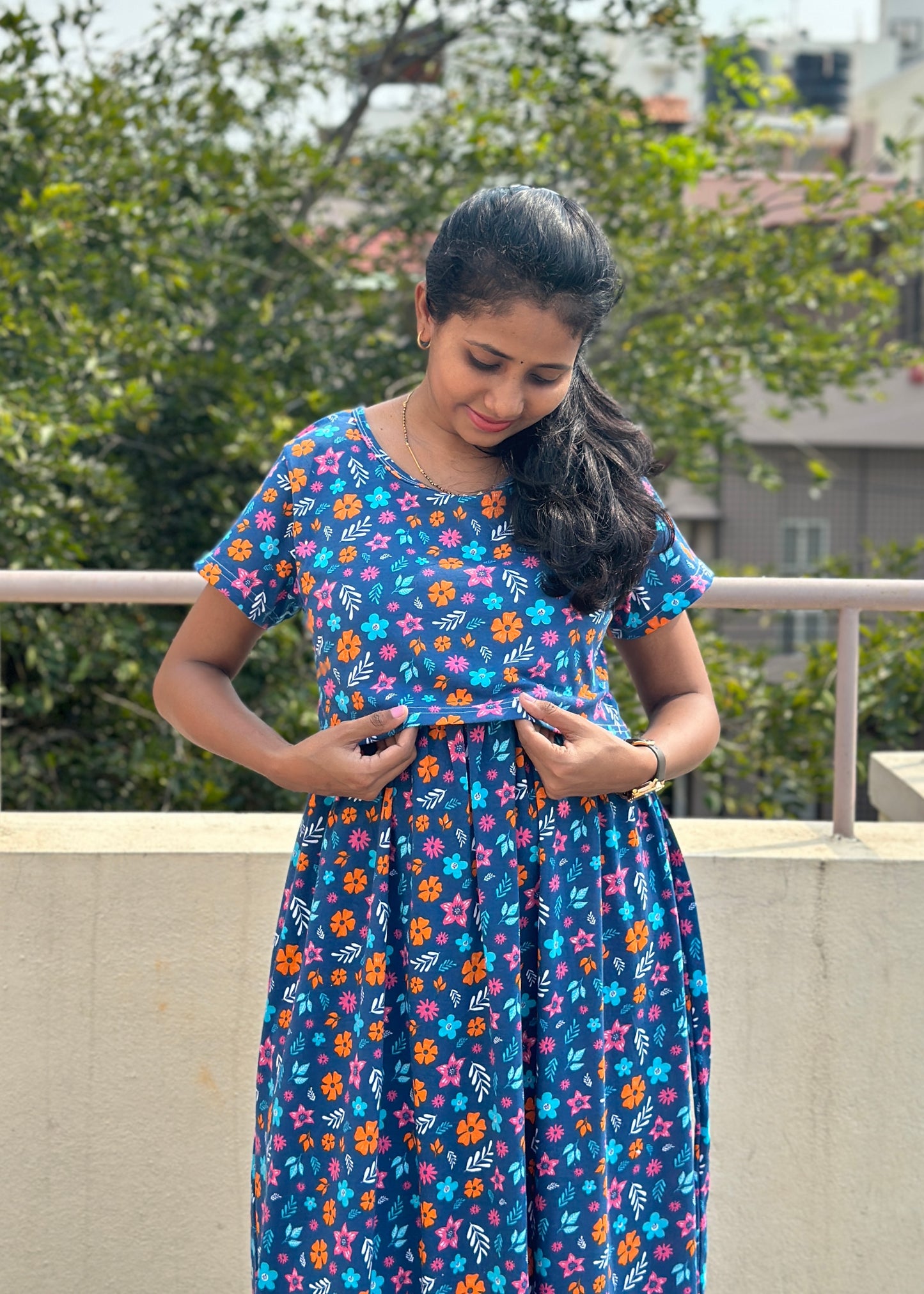 Navy Blue Printed Maternity & Feeding Loungewear- XL Available
