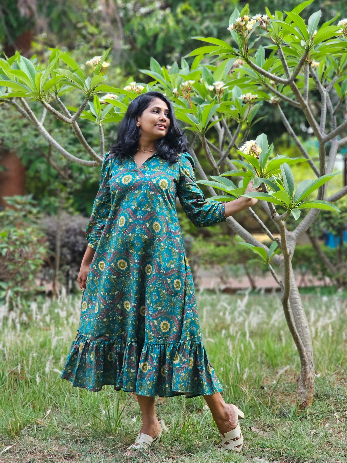 Forest Muse A line Cotton Midi Dress