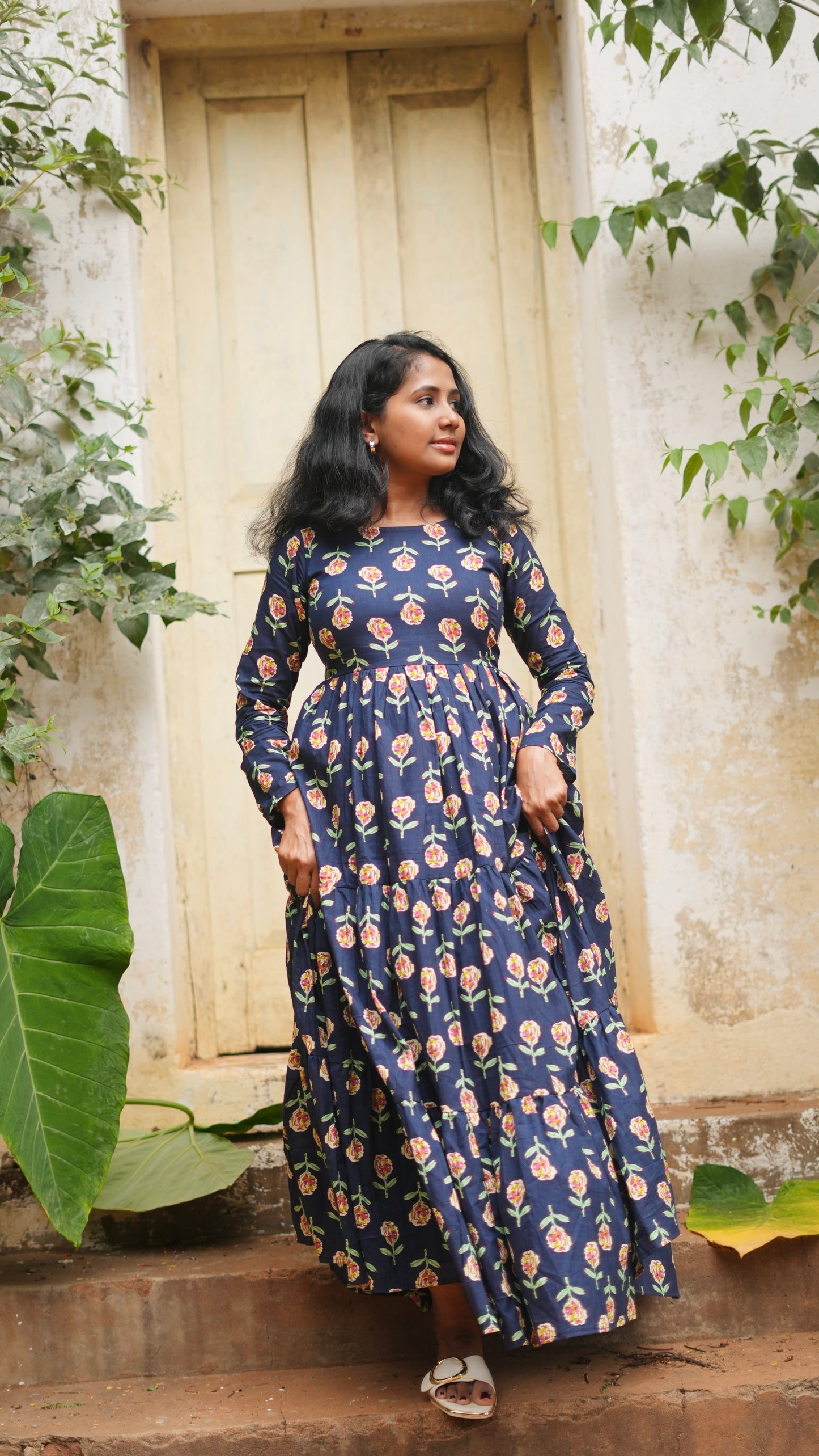 Harshini Blue Floral 3 Tier Cotton Maxi Dress