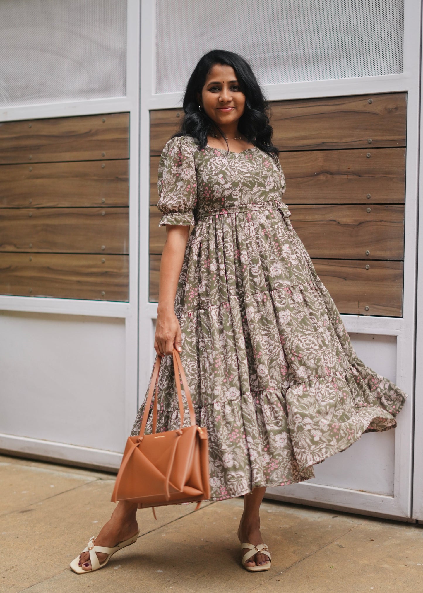 Olive Georgette Midi Dress- Immediate Dispatch