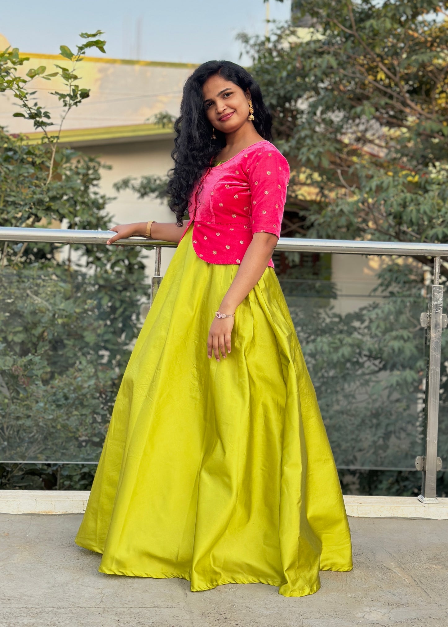 Lime Green Umbrella Long Gown with Pink Jacket