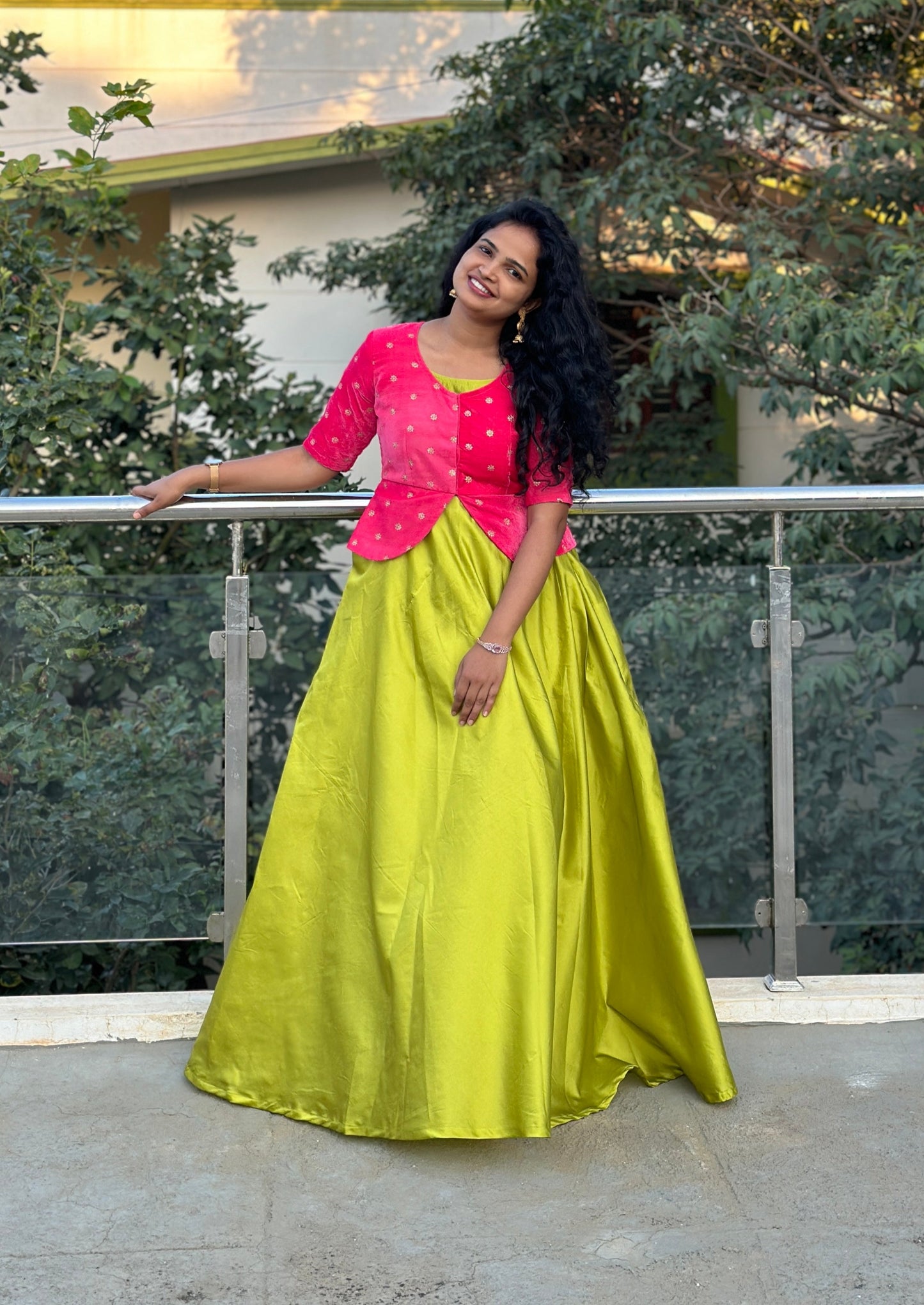 Lime Green Umbrella Long Gown with Pink Jacket