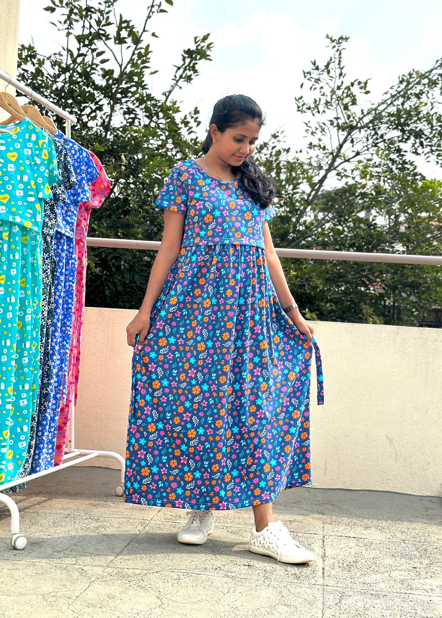 Navy Blue Printed Maternity & Feeding Loungewear- XL Available