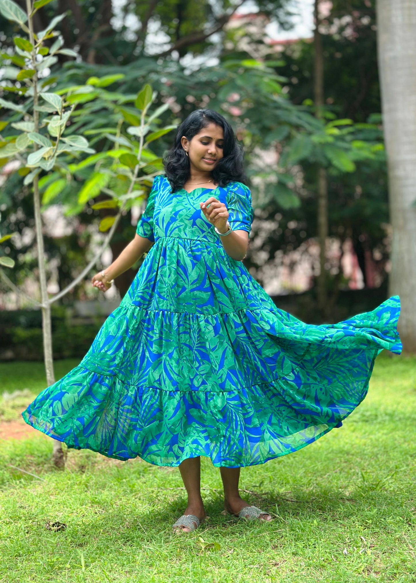 Lillian Blue Tropical print 3 Tiered Dress