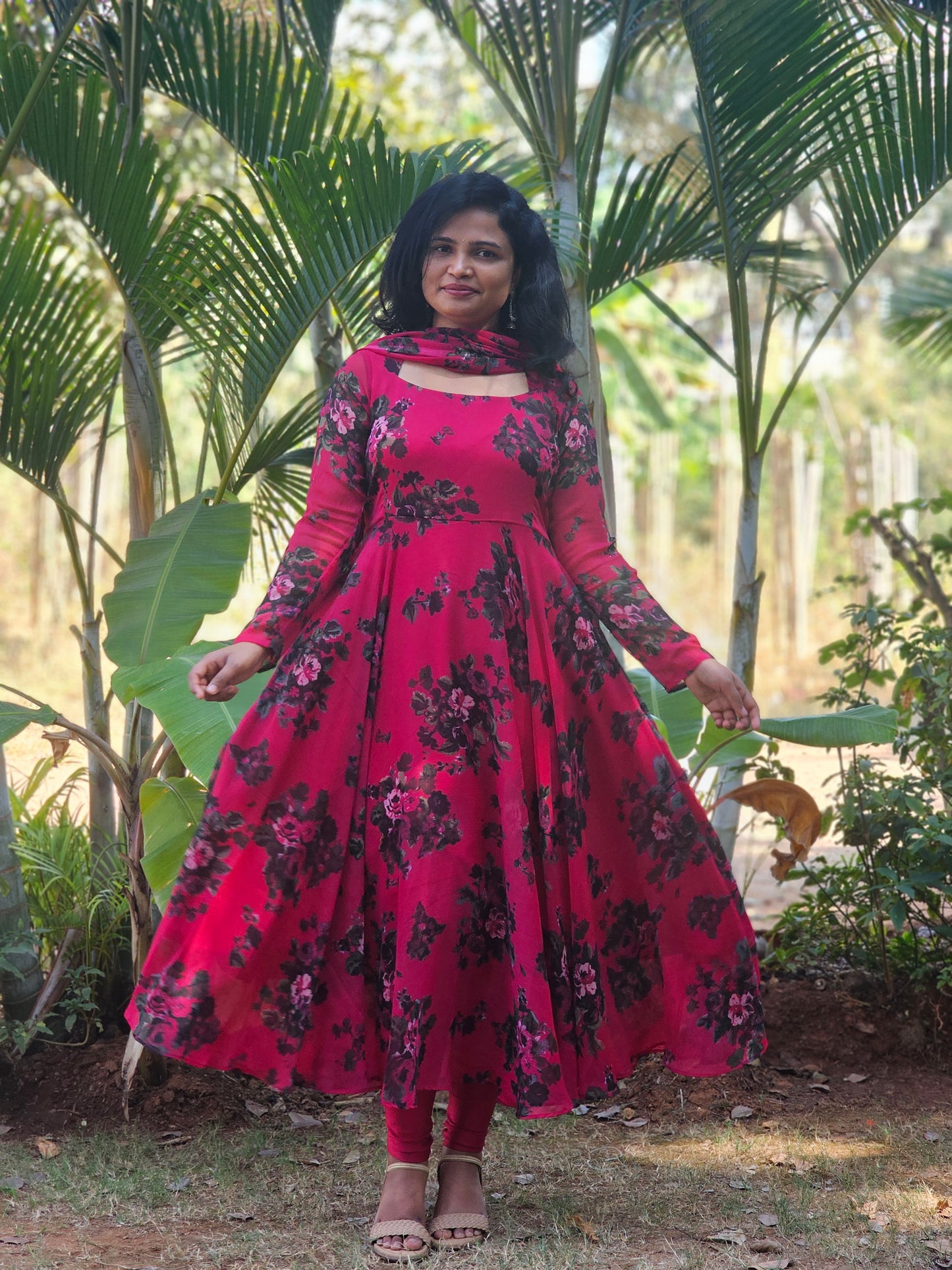 Berry Pink Floral Print Anarkali