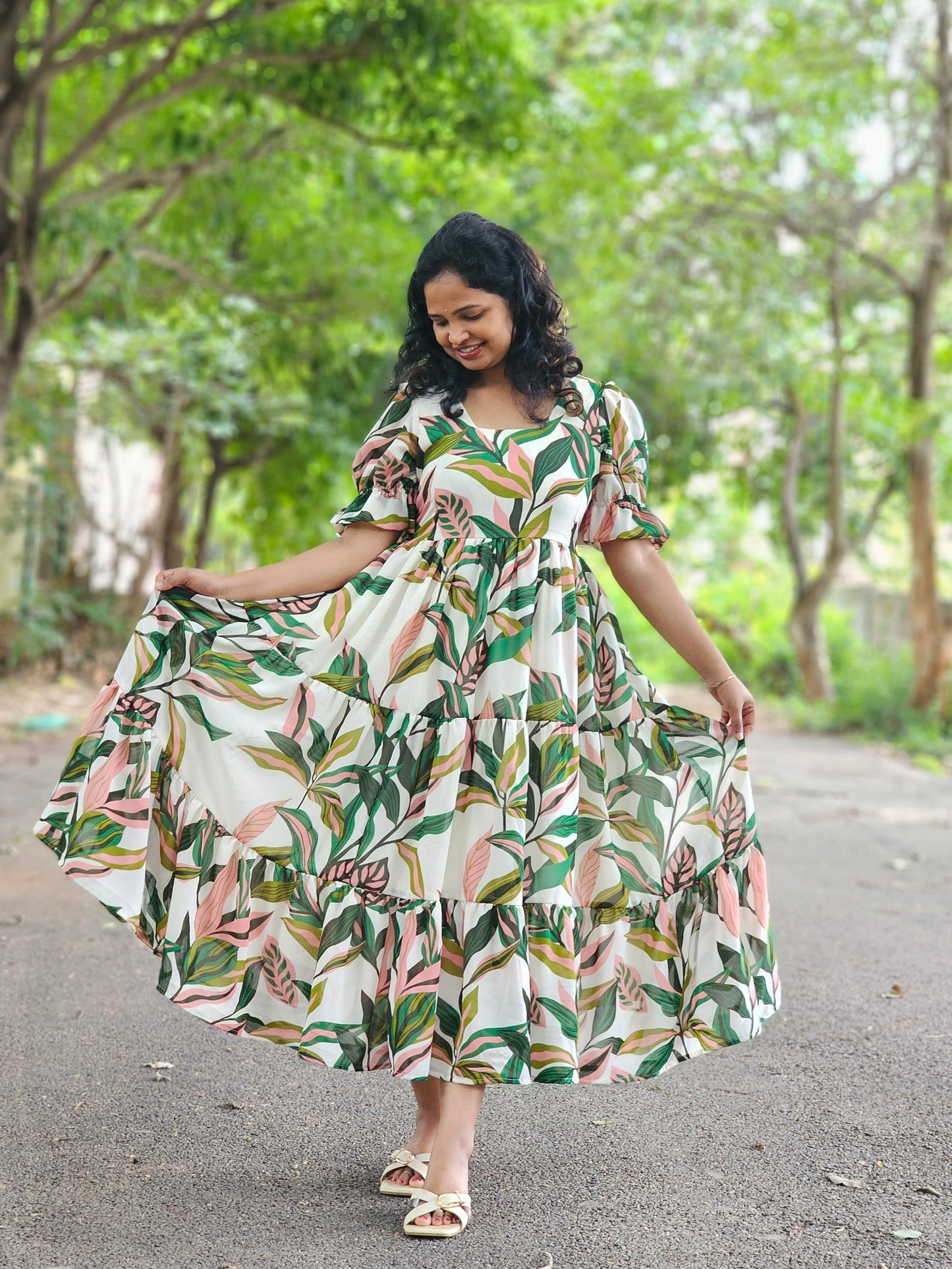 Leaf Whisper Tiered Dress
