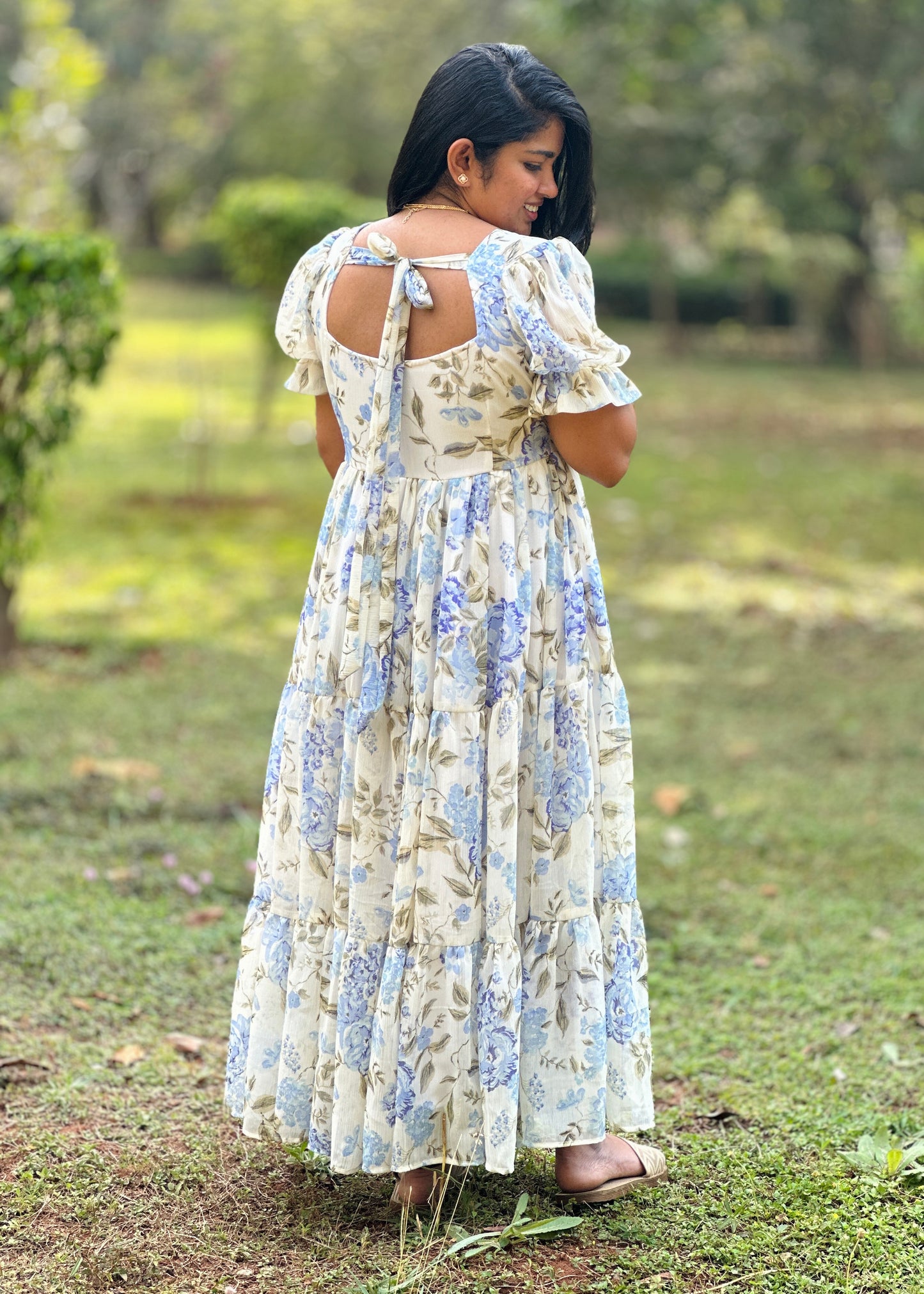 Iriselle White and Blue Floral 3 Tiered Dress