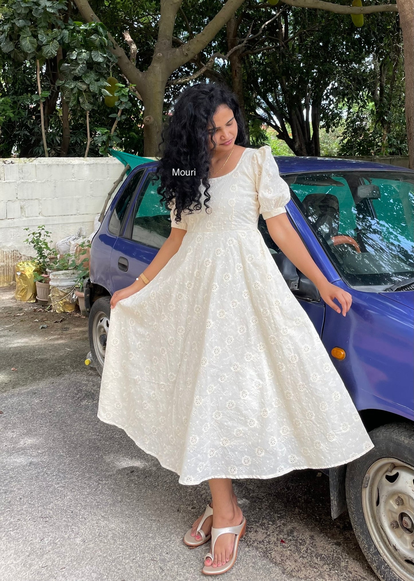 Nihira Off White Schiffli Midi Dress