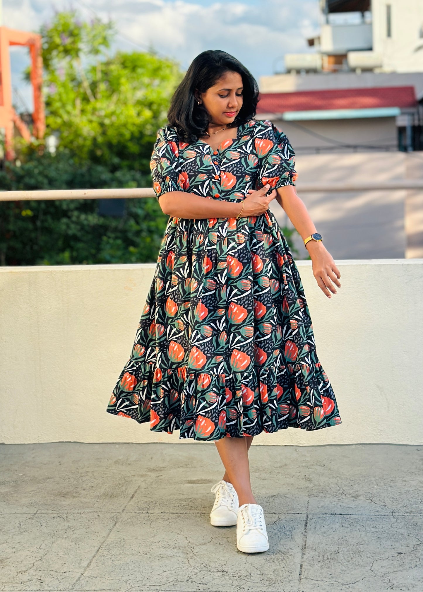 Hrida Black Floral Cotton Midi Dress