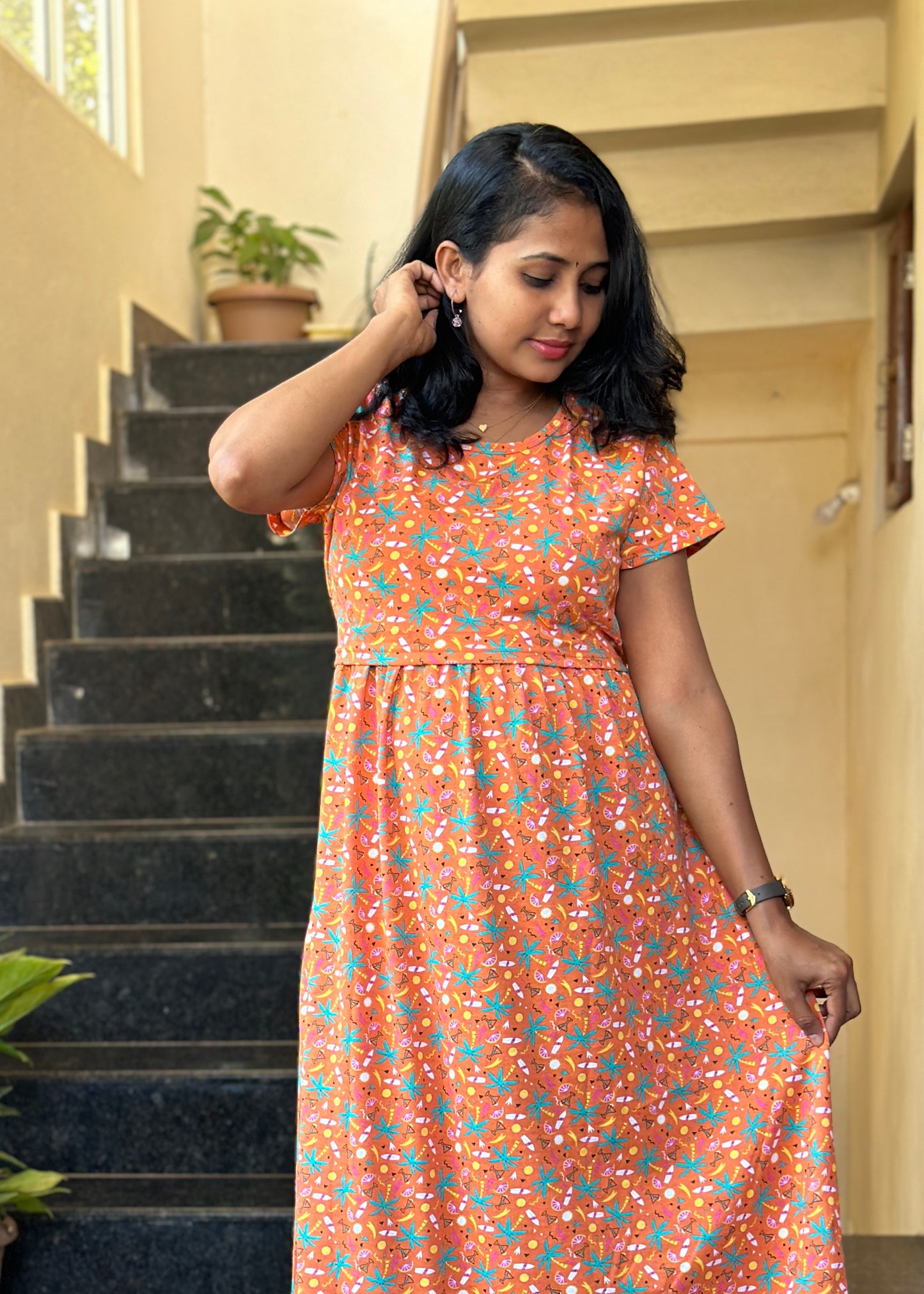 Orange Printed Maternity & Feeding Loungewear