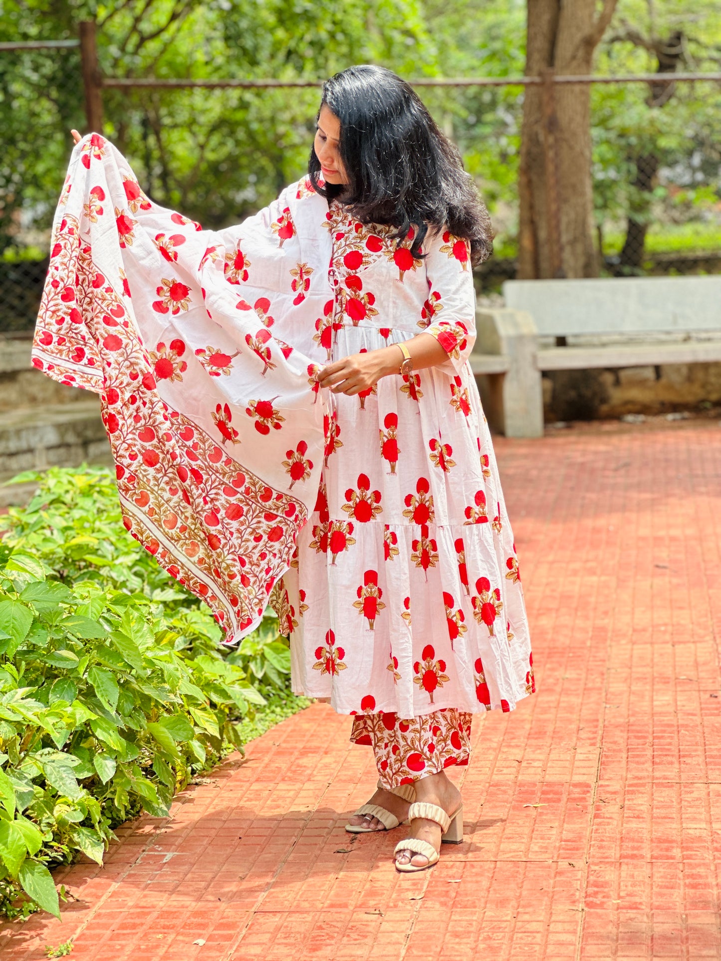 Hetvi Red Floral Cotton 3 Piece Suit Set