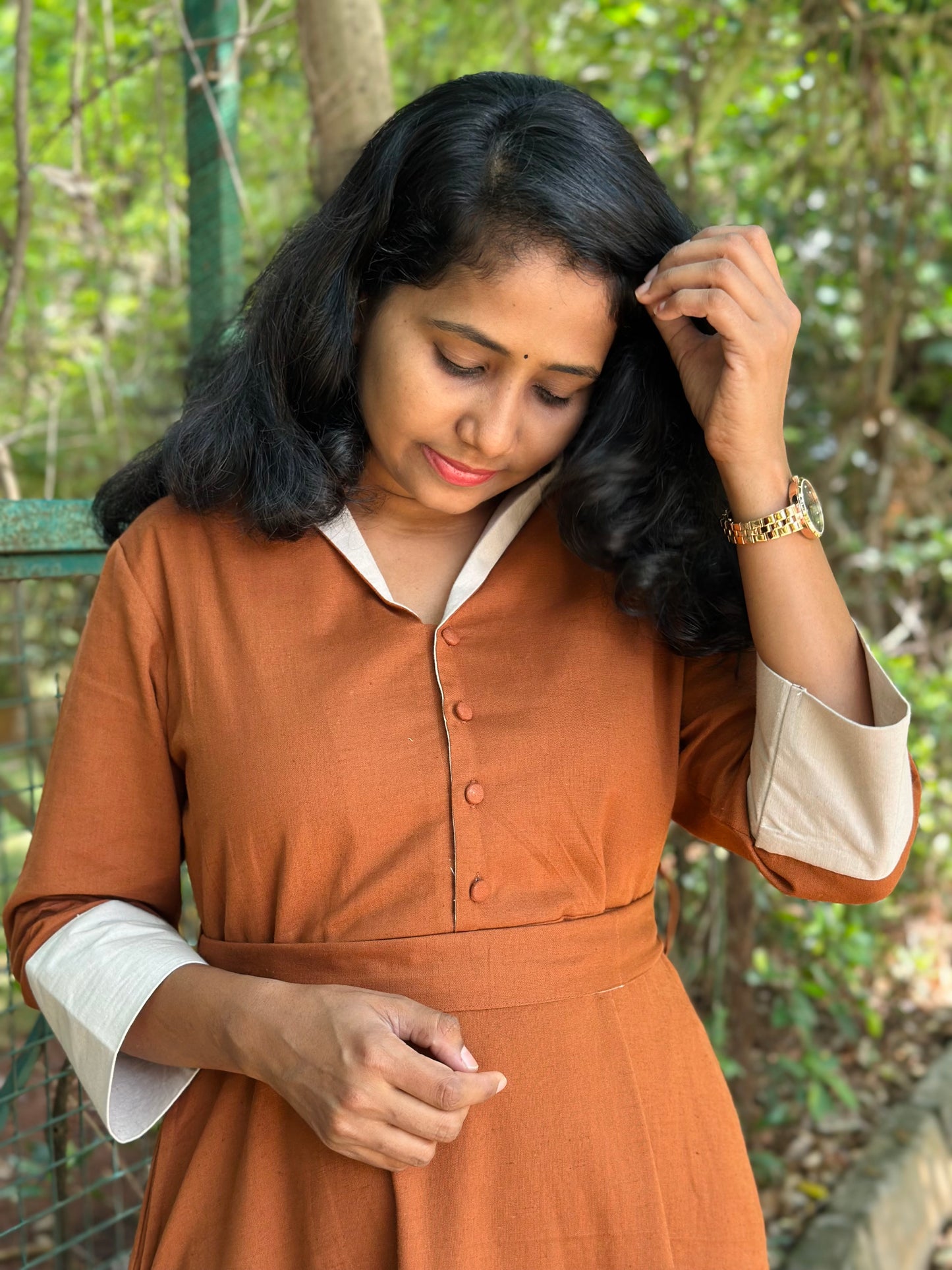 Cotton Linen Midi Dress with Collar, Pockets- Rust Colour – Office Wear – Ready to Ship