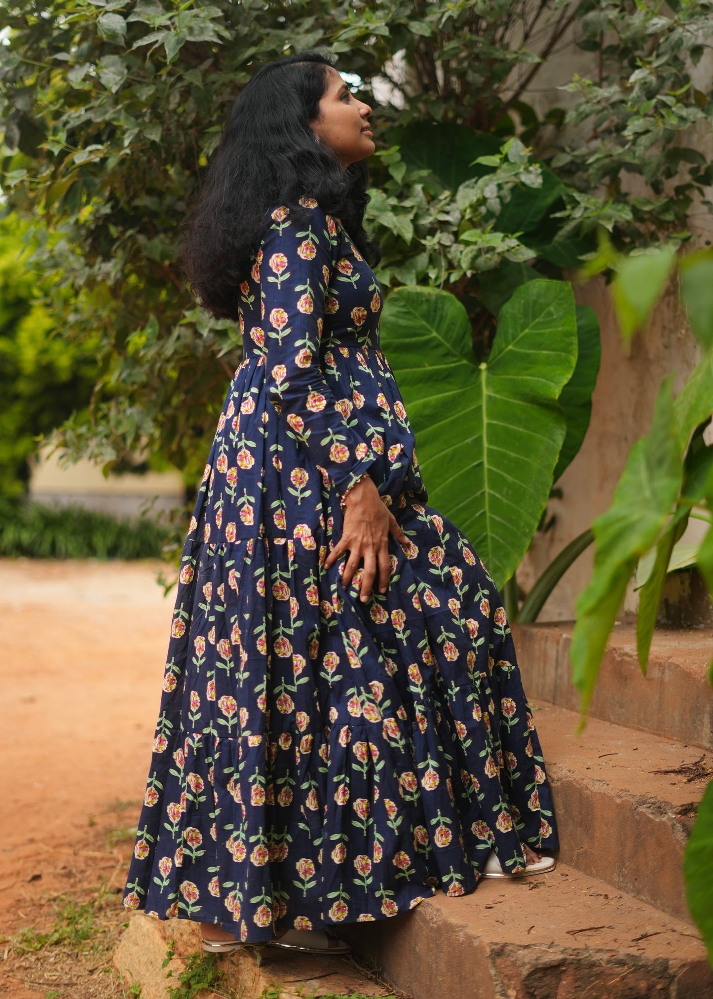 Harshini Blue Floral 3 Tier Cotton Maxi Dress