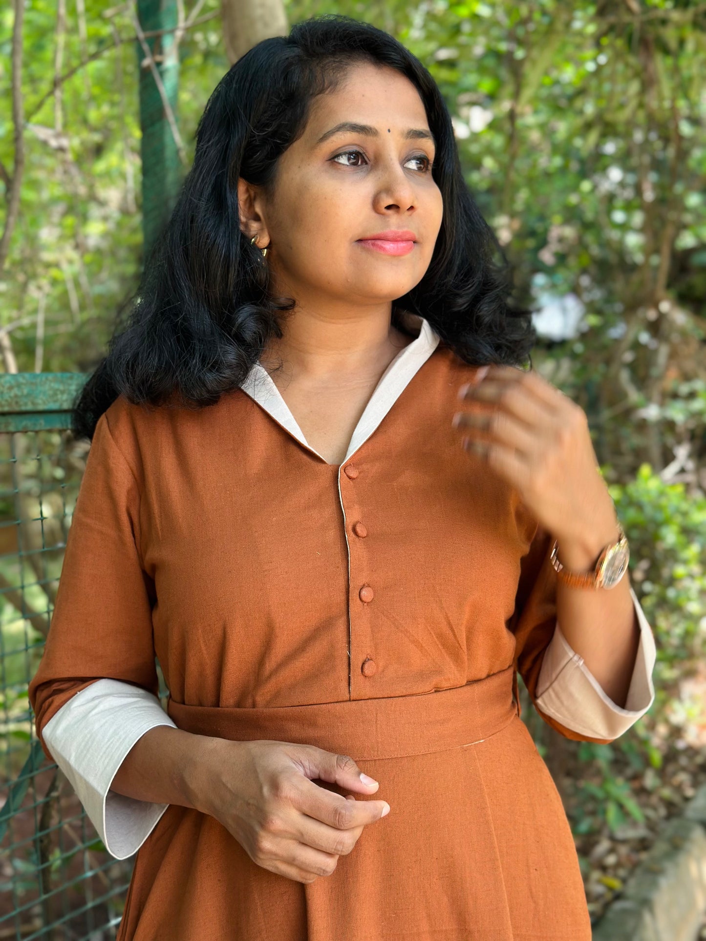 Cotton Linen Midi Dress with Collar, Pockets- Rust Colour – Office Wear – Ready to Ship