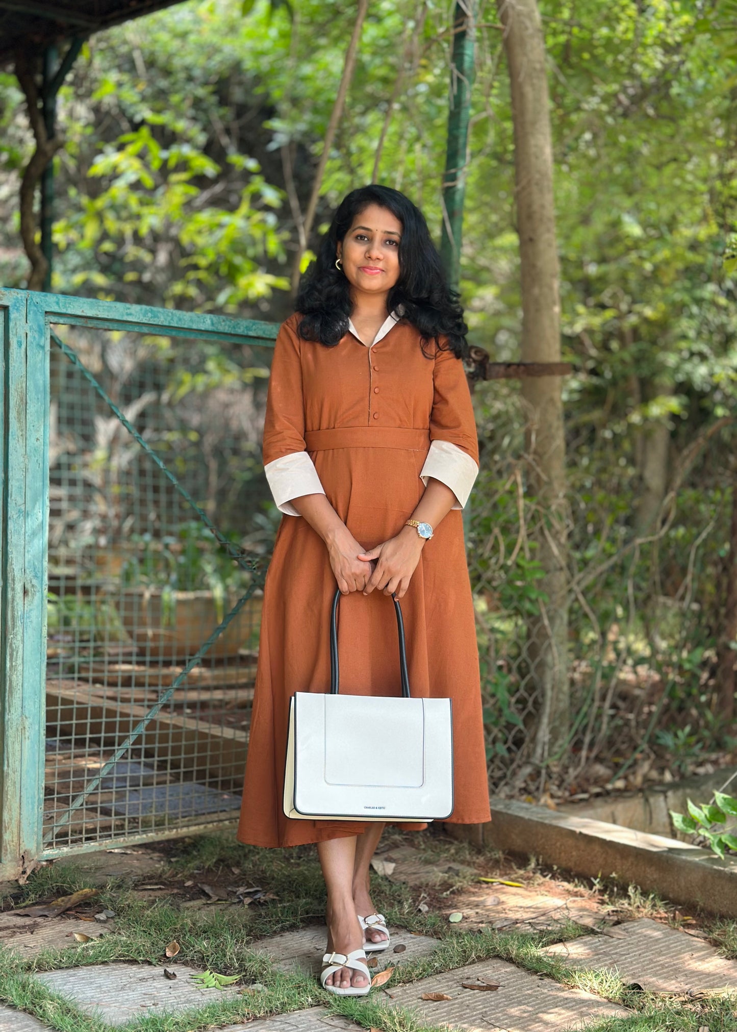 Cotton Linen Midi Dress with Collar, Pockets- Rust Colour – Office Wear – Ready to Ship