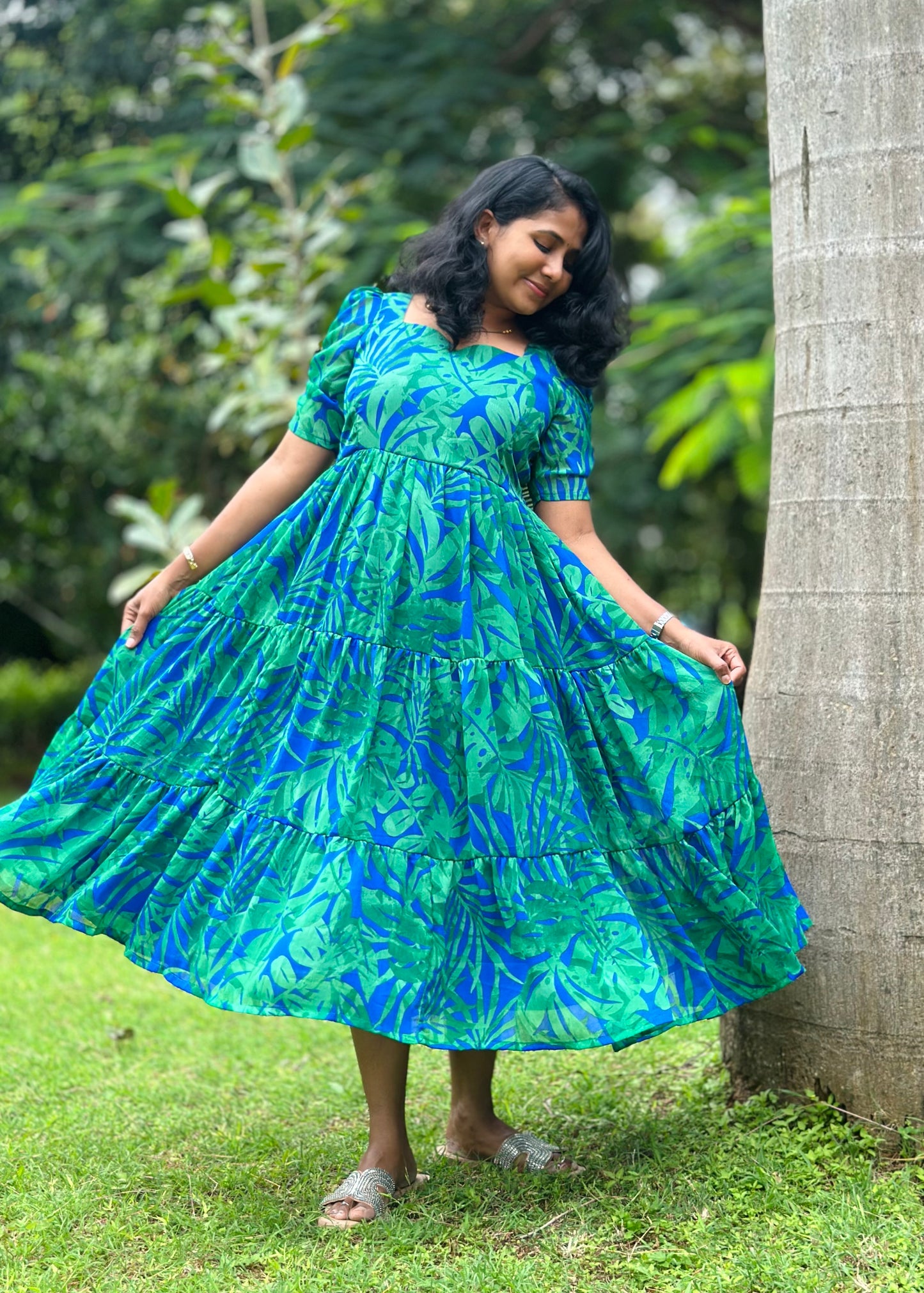 Lillian Blue Tropical print 3 Tiered Dress