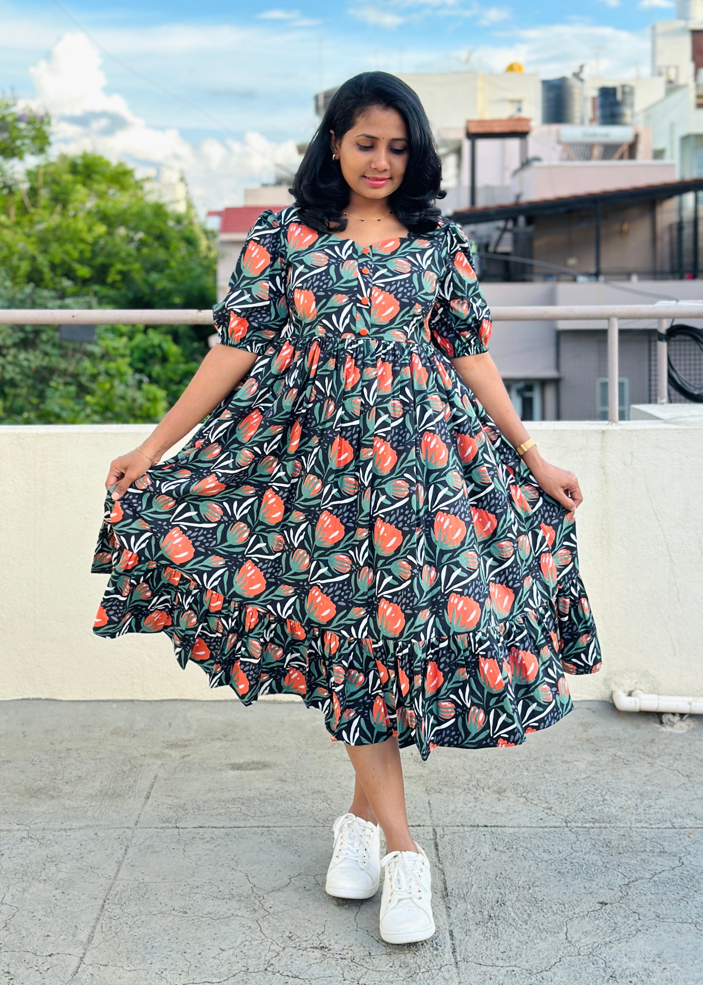 Hrida Black Floral Cotton Midi Dress