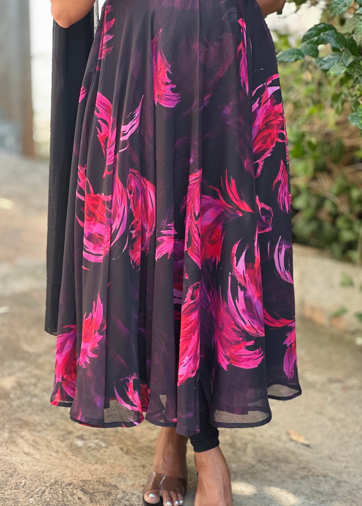 Black with Pink feather print Anarkali