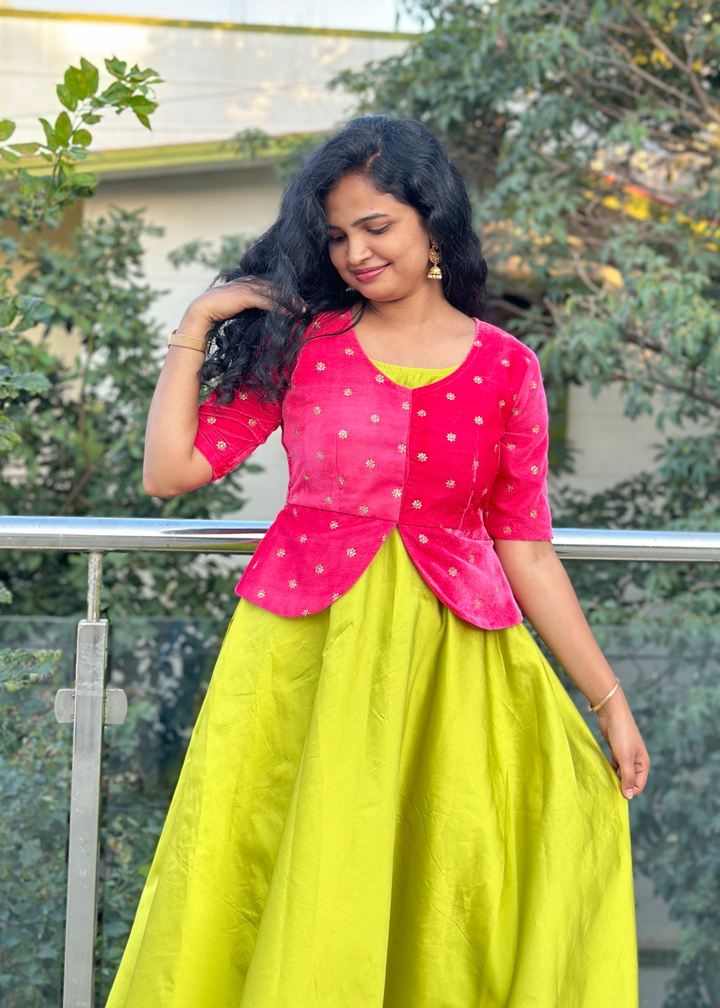Lime Green Umbrella Long Gown with Pink Jacket