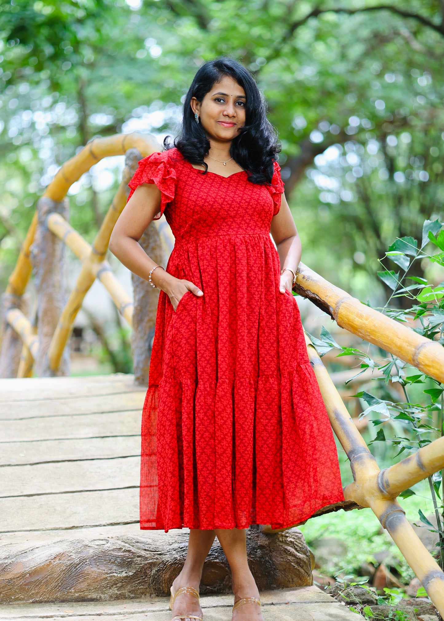 Crimson Ruffle Delight Midi Dress