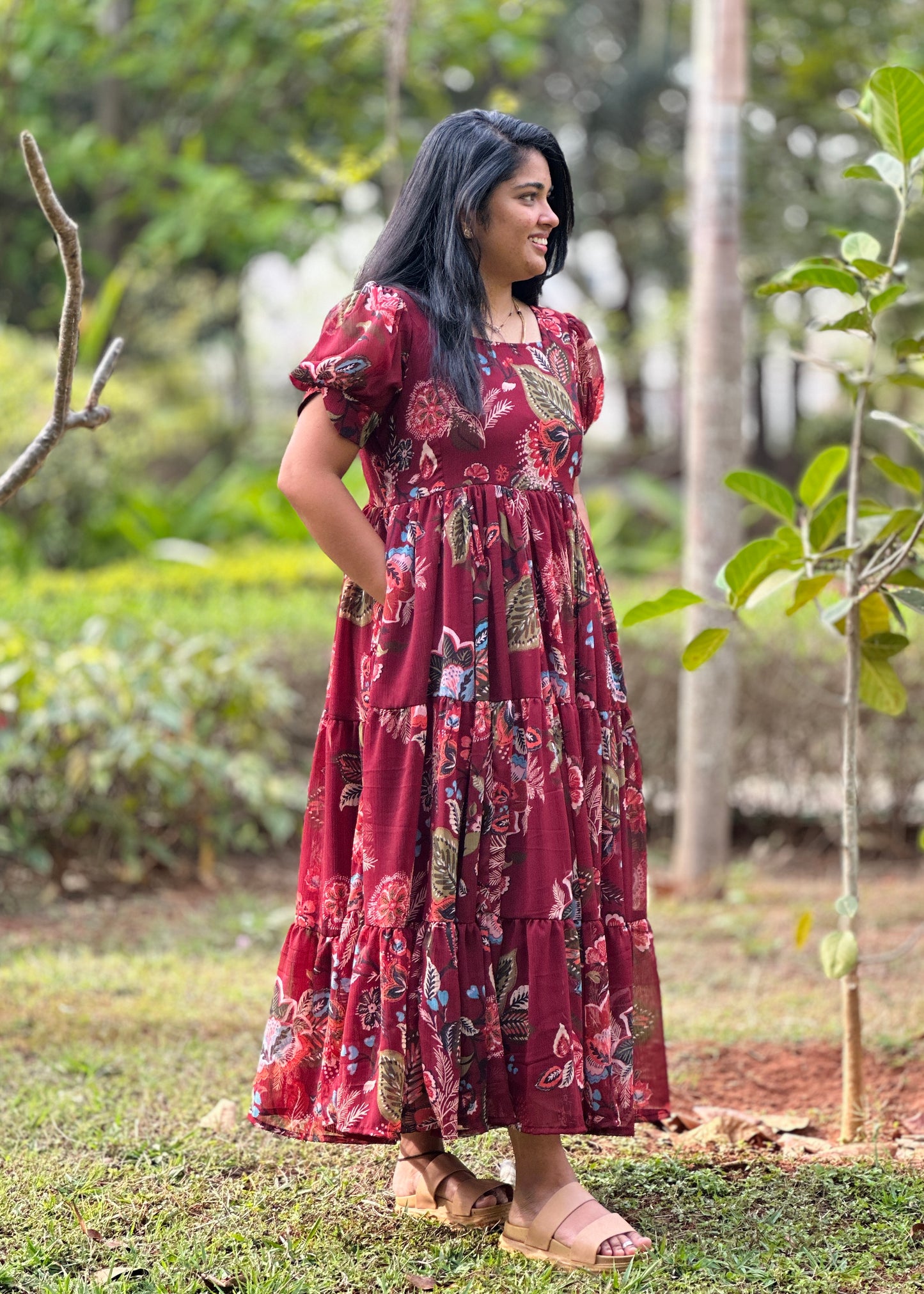 Sienora Maroon Floral 3 Tiered Dress