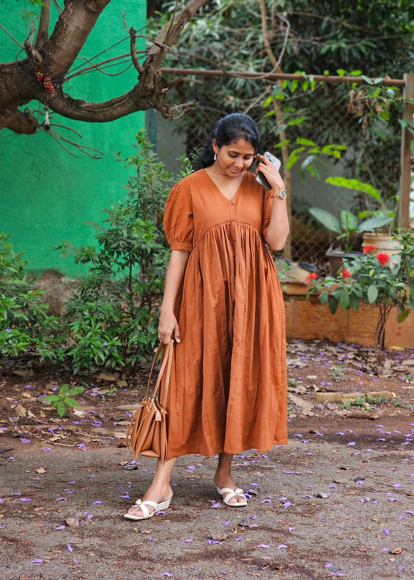 Rust Brown Cotton Midi Dress- Ready to ship