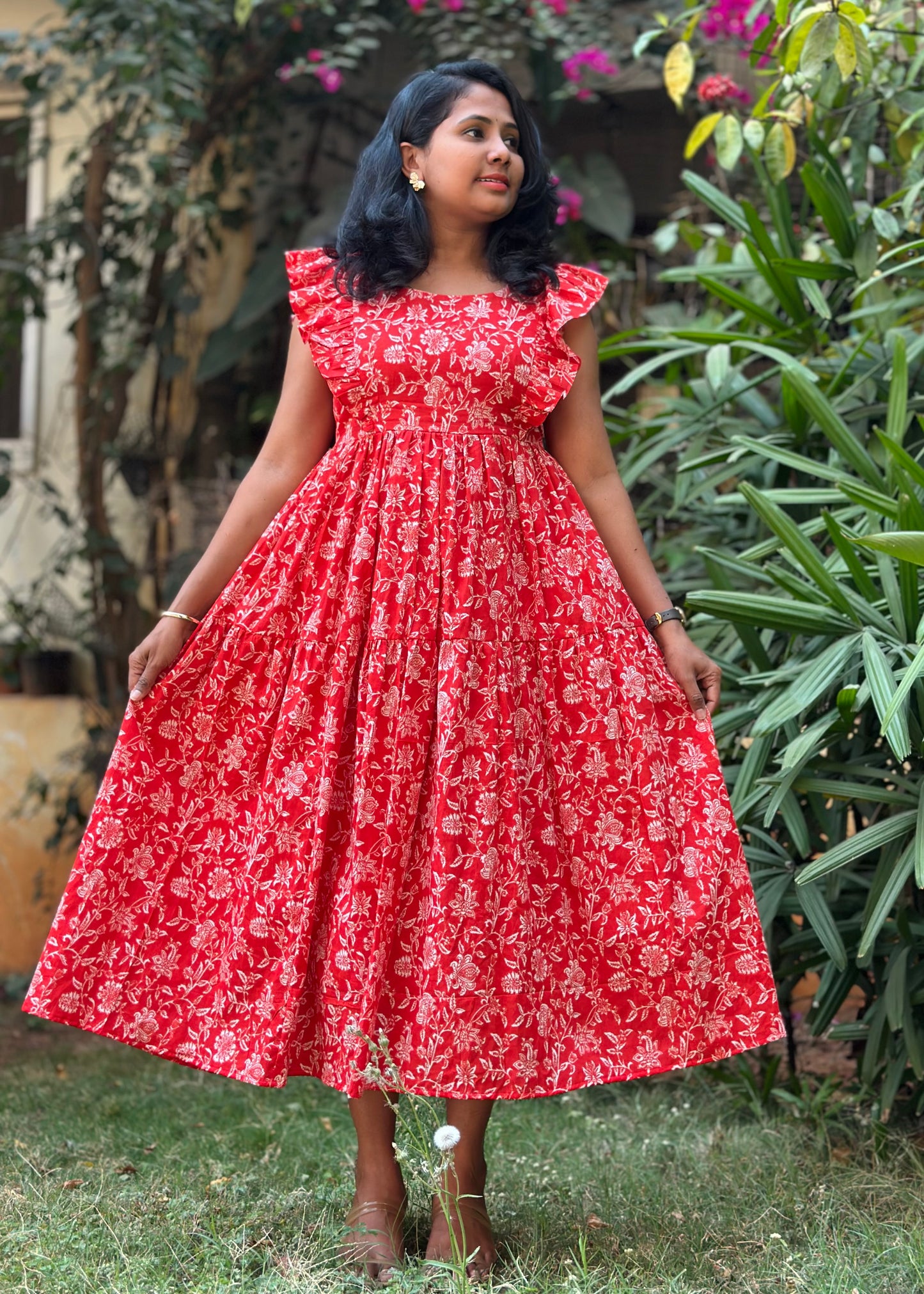 Isha Red Floral Cotton Midi Dress