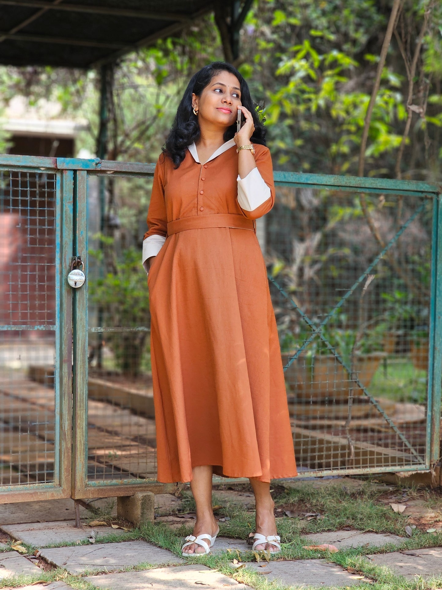 Cotton Linen Midi Dress with Collar, Pockets- Rust Colour – Office Wear – Ready to Ship