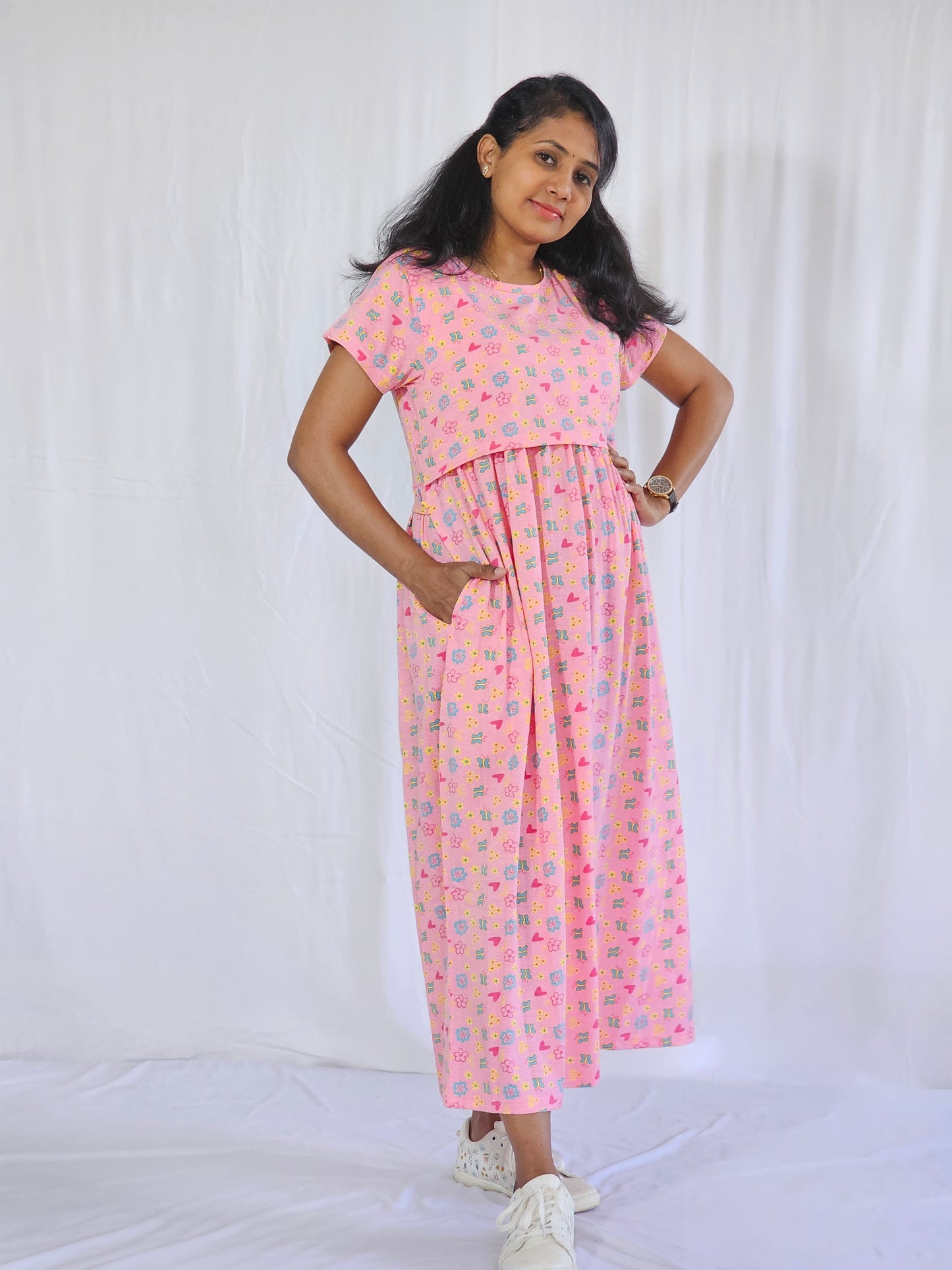 Pink Butterfly Printed Maternity & Feeding Loungewear